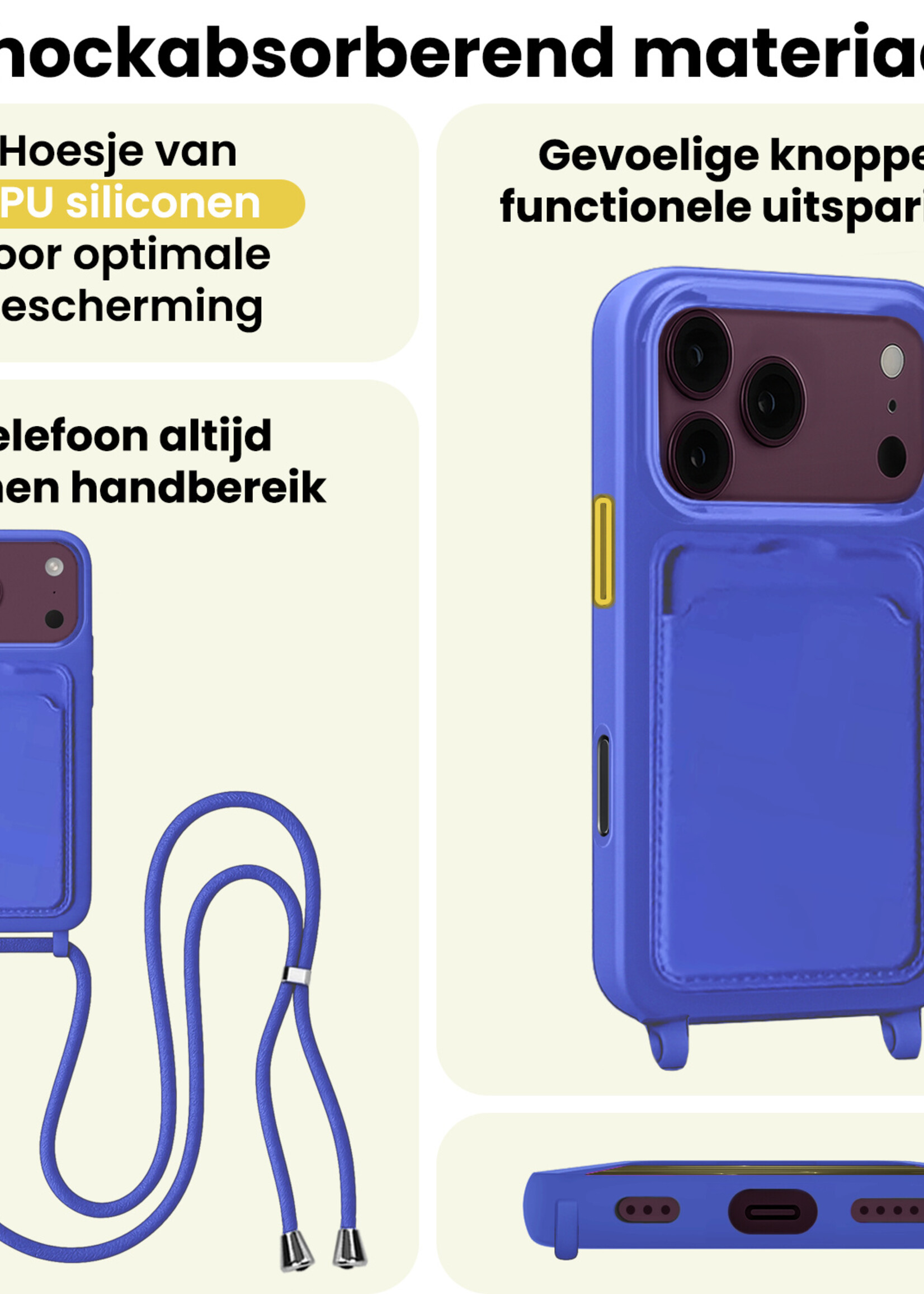 LUQ LUQ iPhone 18 Pro Hoesje Pashouder met Koord - Fel Blauw