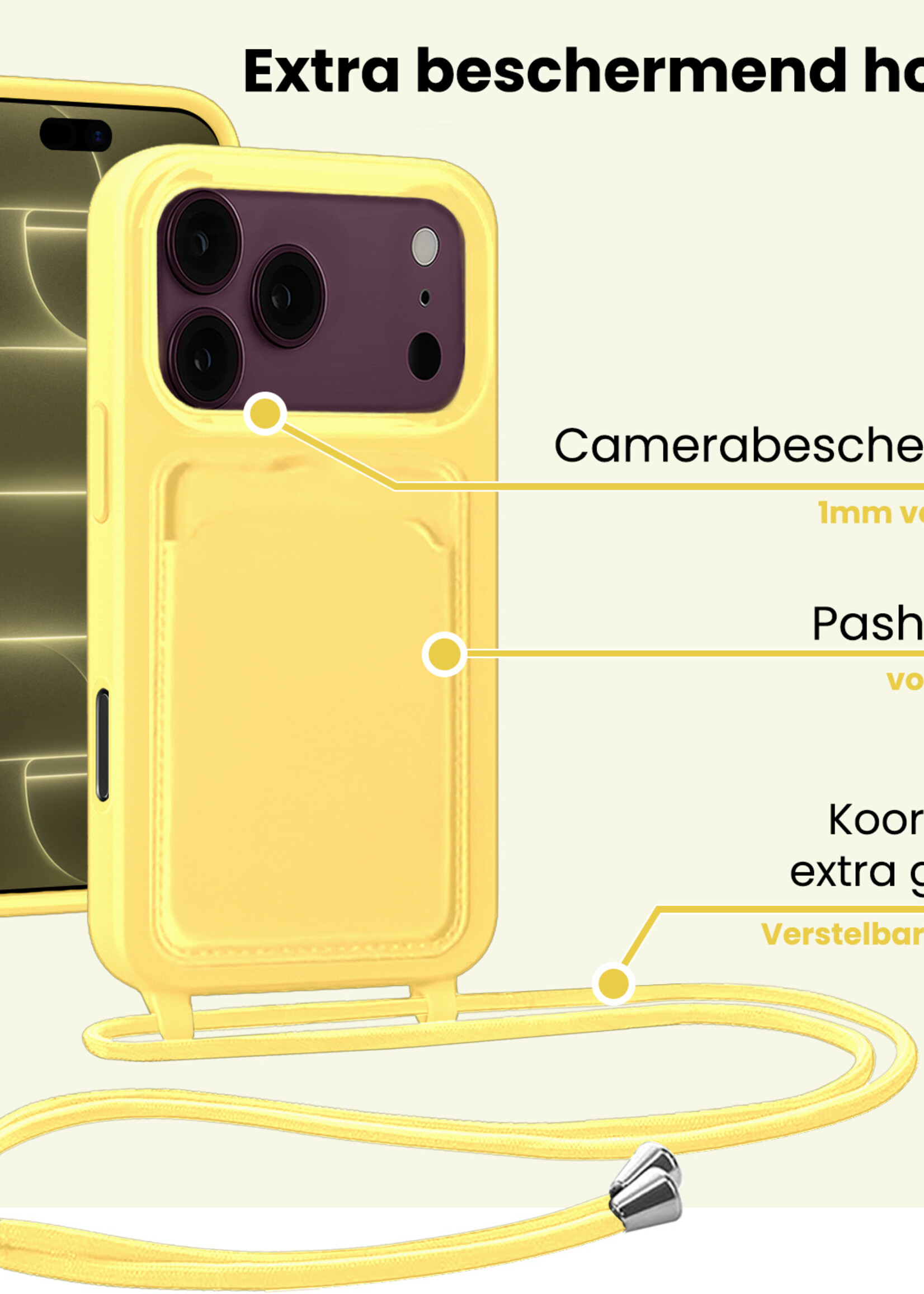 LUQ LUQ iPhone 18 Pro Hoesje Pashouder met Koord - Geel