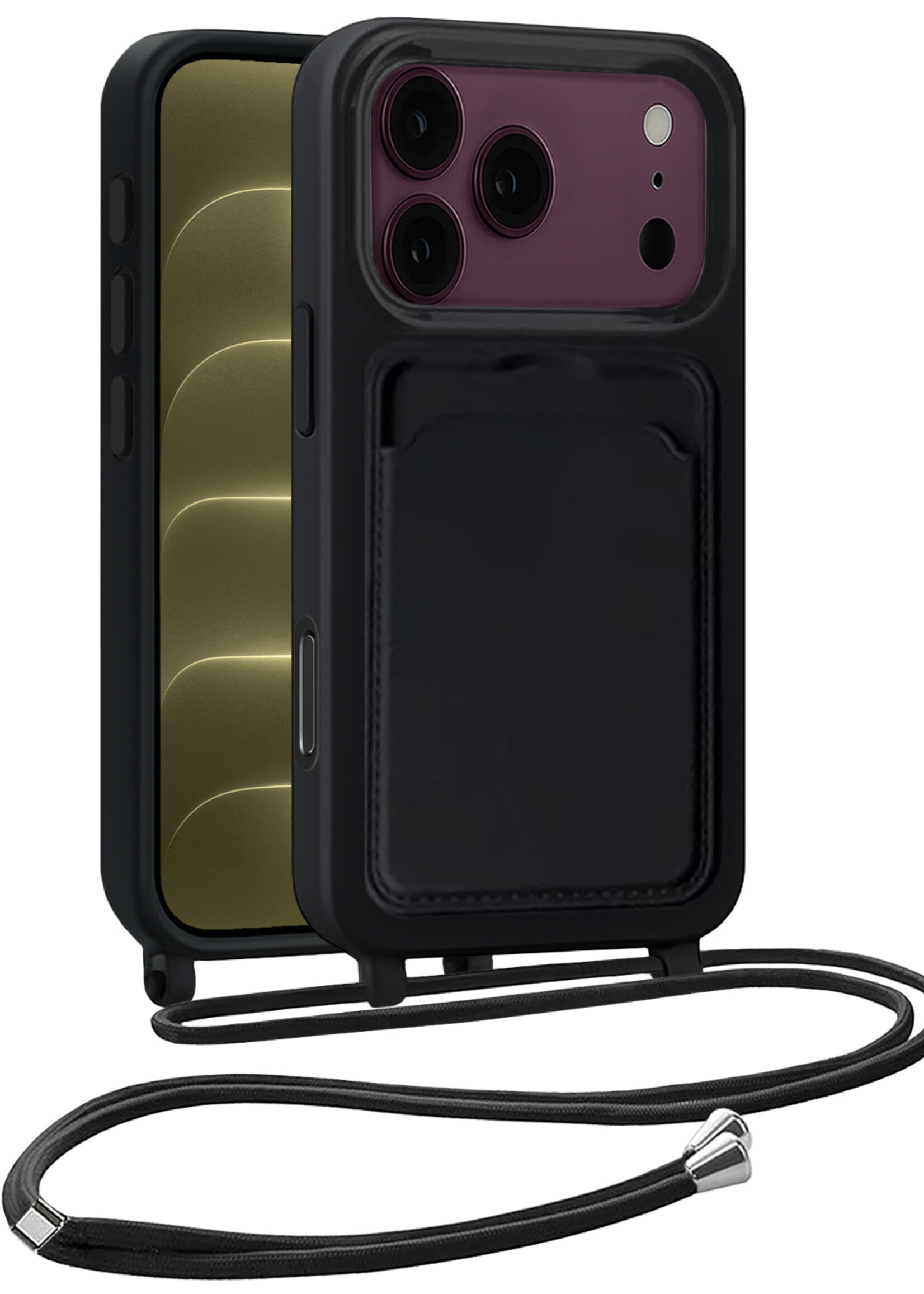LUQ LUQ iPhone 18 Pro Max Hoesje Pashouder met Koord - Zwart