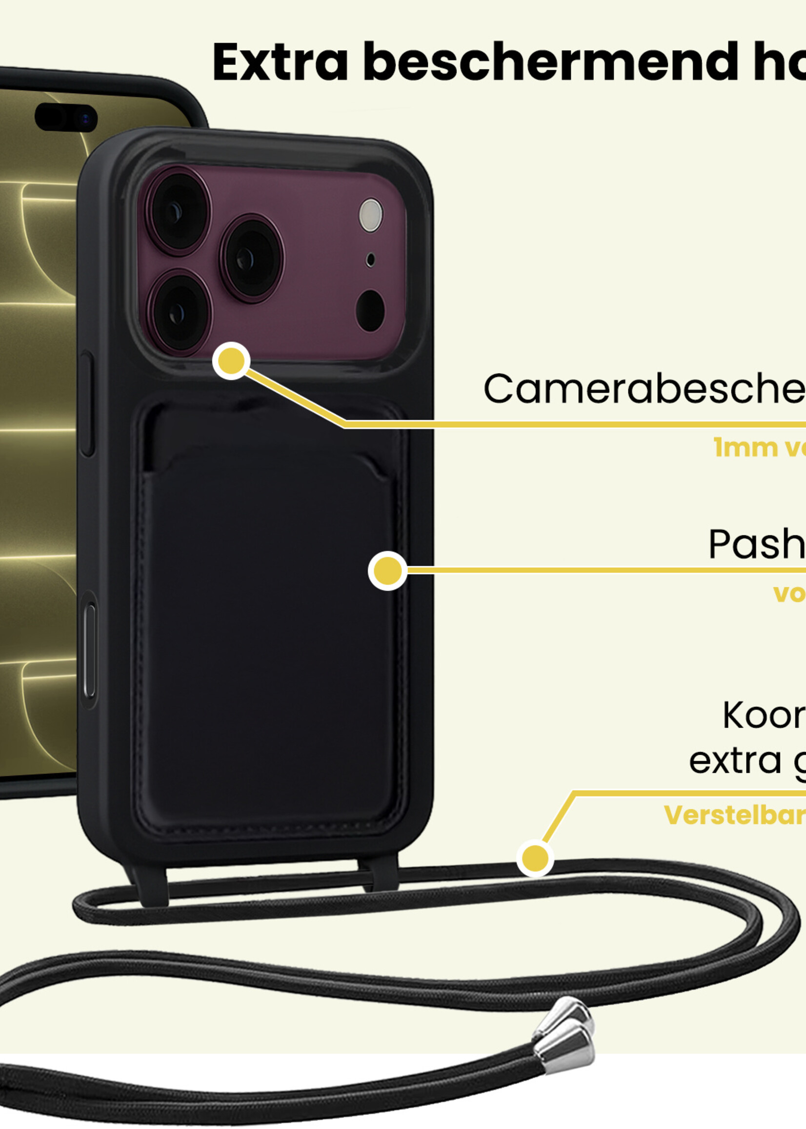 LUQ LUQ iPhone 18 Pro Max Hoesje Pashouder met Koord - Zwart