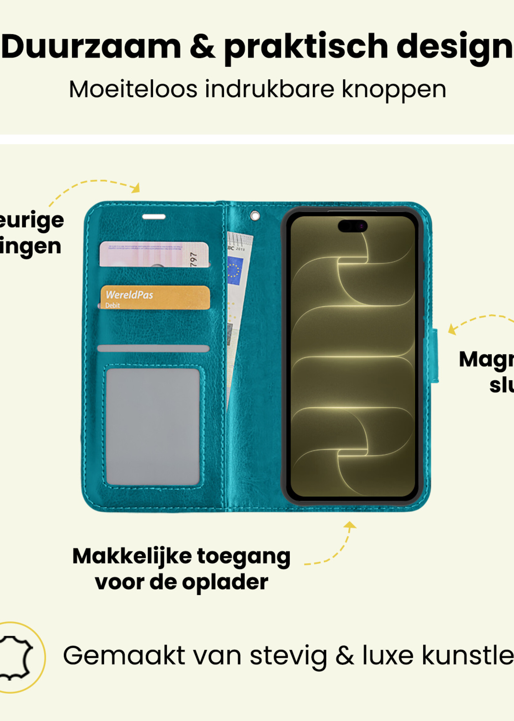 LUQ LUQ iPhone 18 Pro Hoesje Bookcase Met 2x Screenprotector - Turquoise