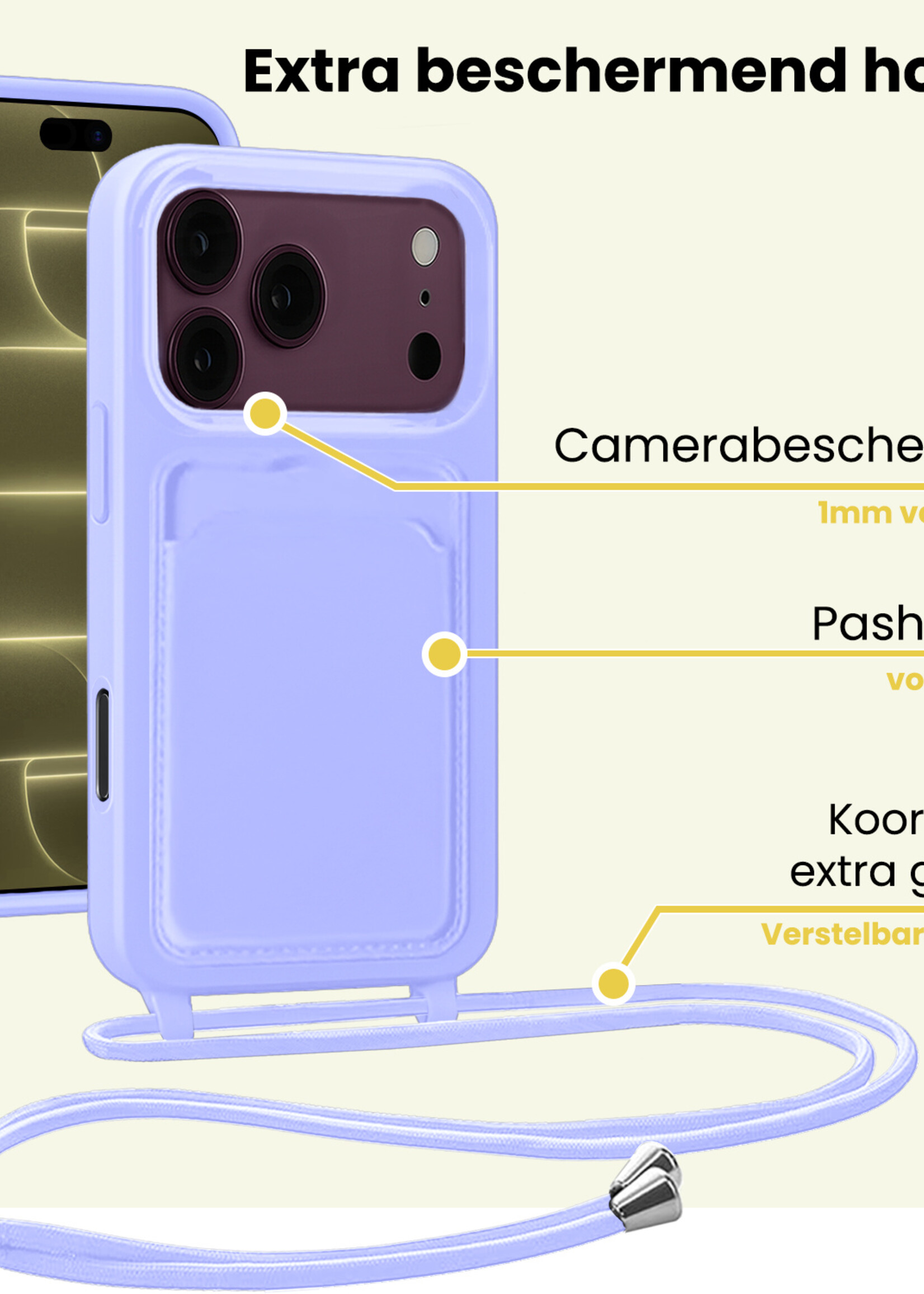 LUQ LUQ iPhone 18 Pro Max Hoesje Pashouder met Koord - Lila