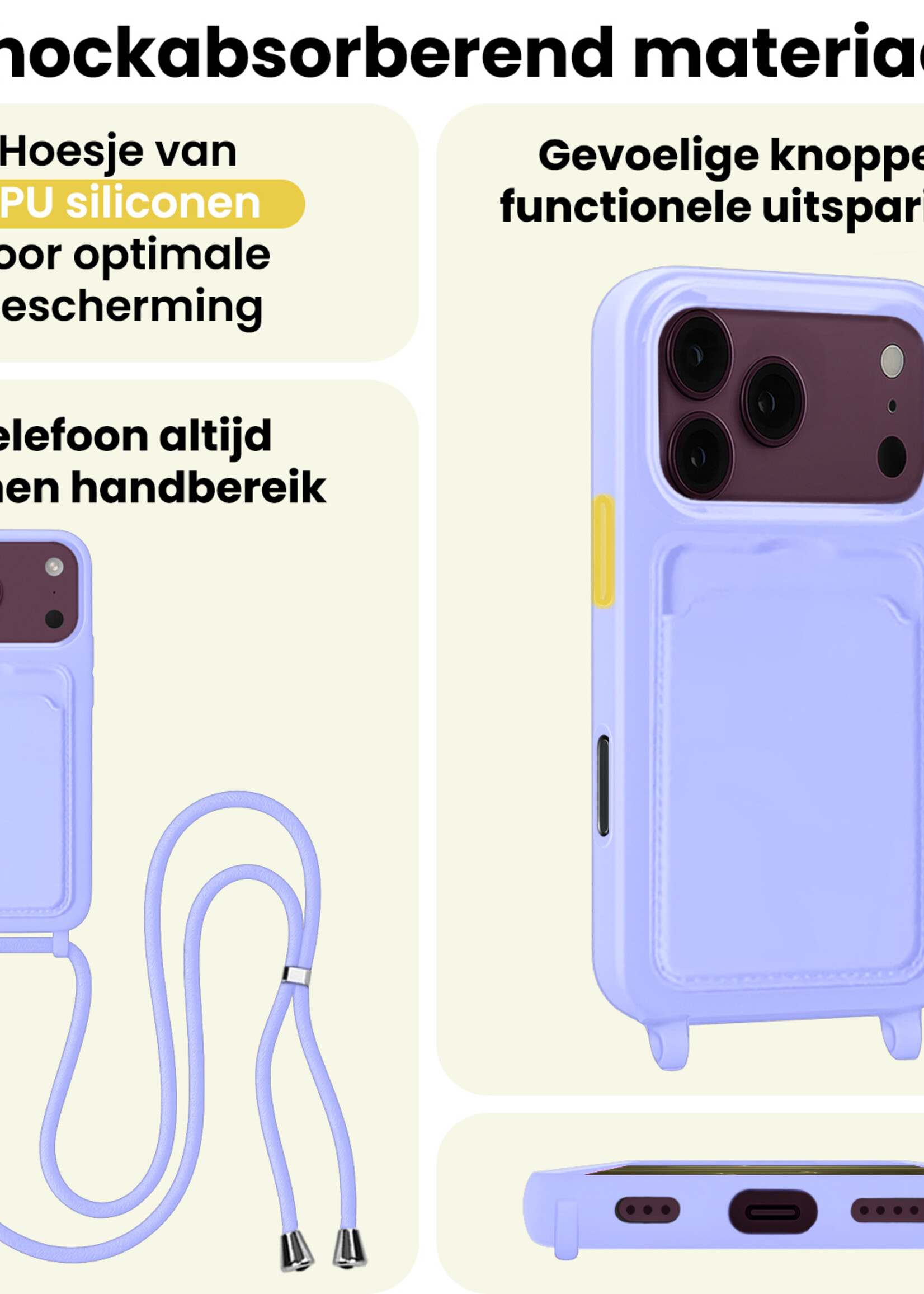 LUQ LUQ iPhone 18 Pro Max Hoesje Pashouder met Koord - Lila