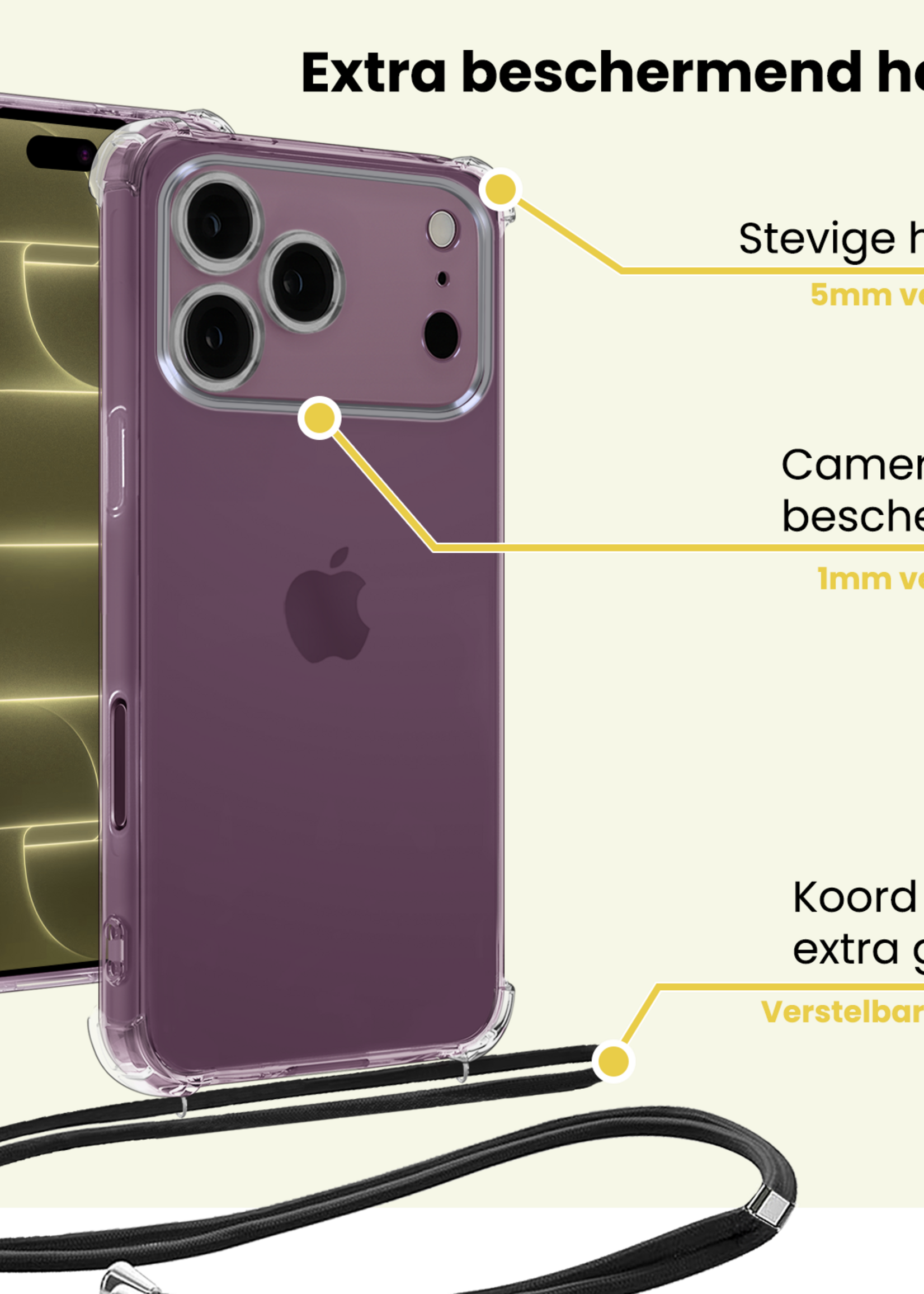 LUQ LUQ iPhone 18 Pro Max Hoesje Transparant Shockproof Met Zwart Koord