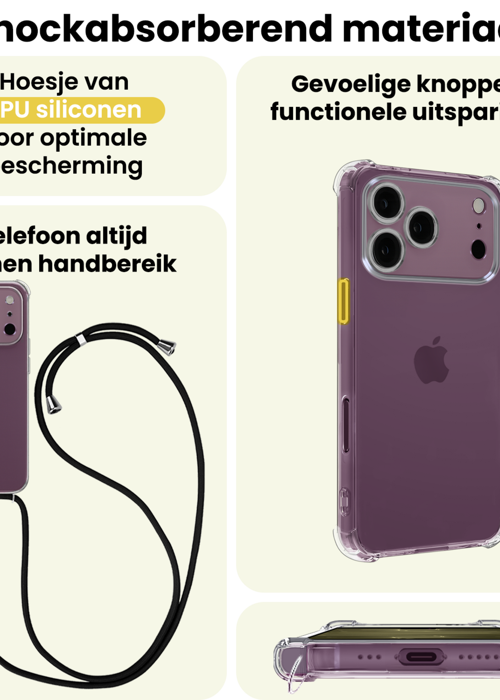 LUQ LUQ iPhone 18 Pro Max Hoesje Transparant Shockproof Met Zwart Koord