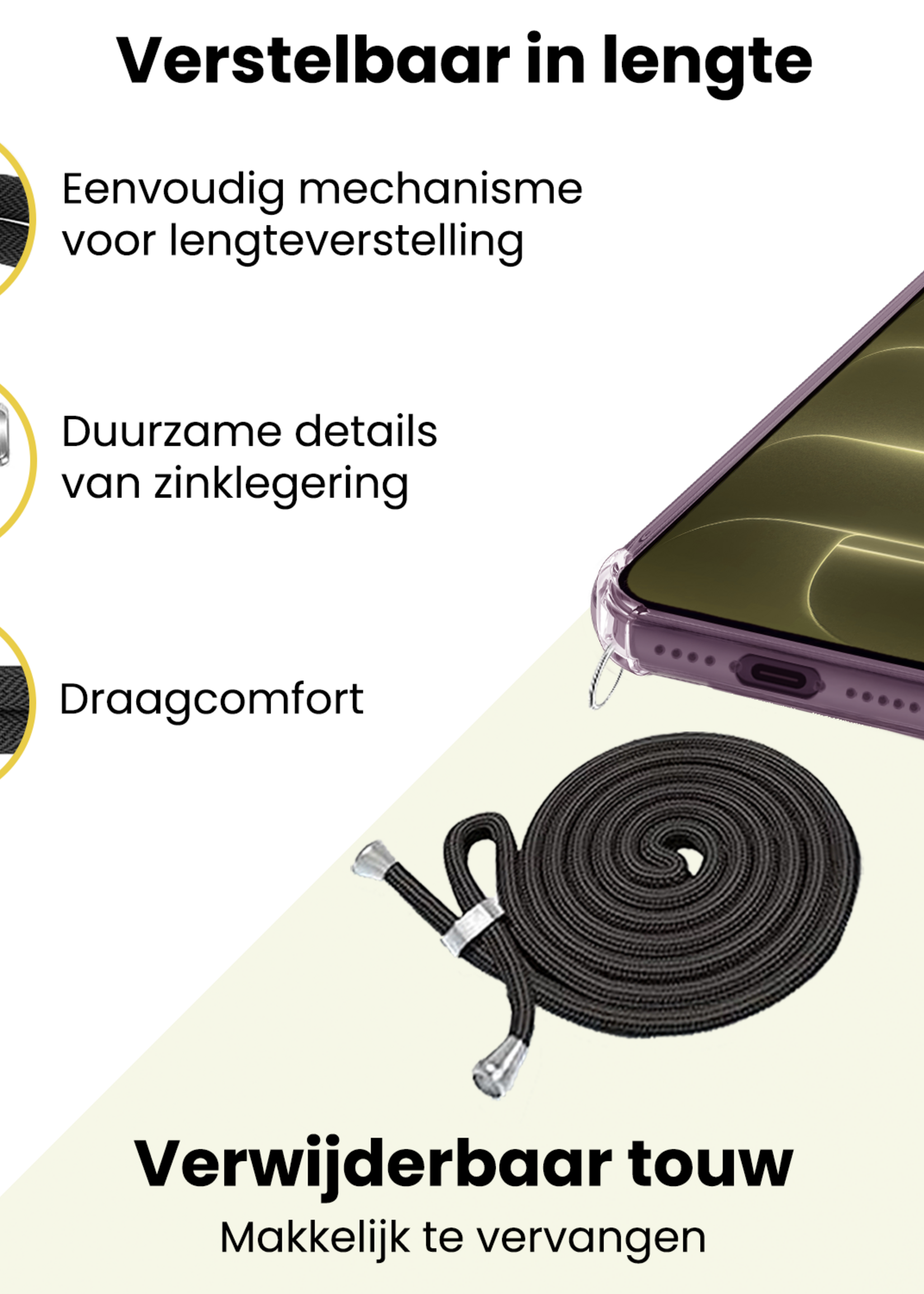 LUQ LUQ iPhone 18 Pro Hoesje Transparant Shockproof Met Zwart Koord