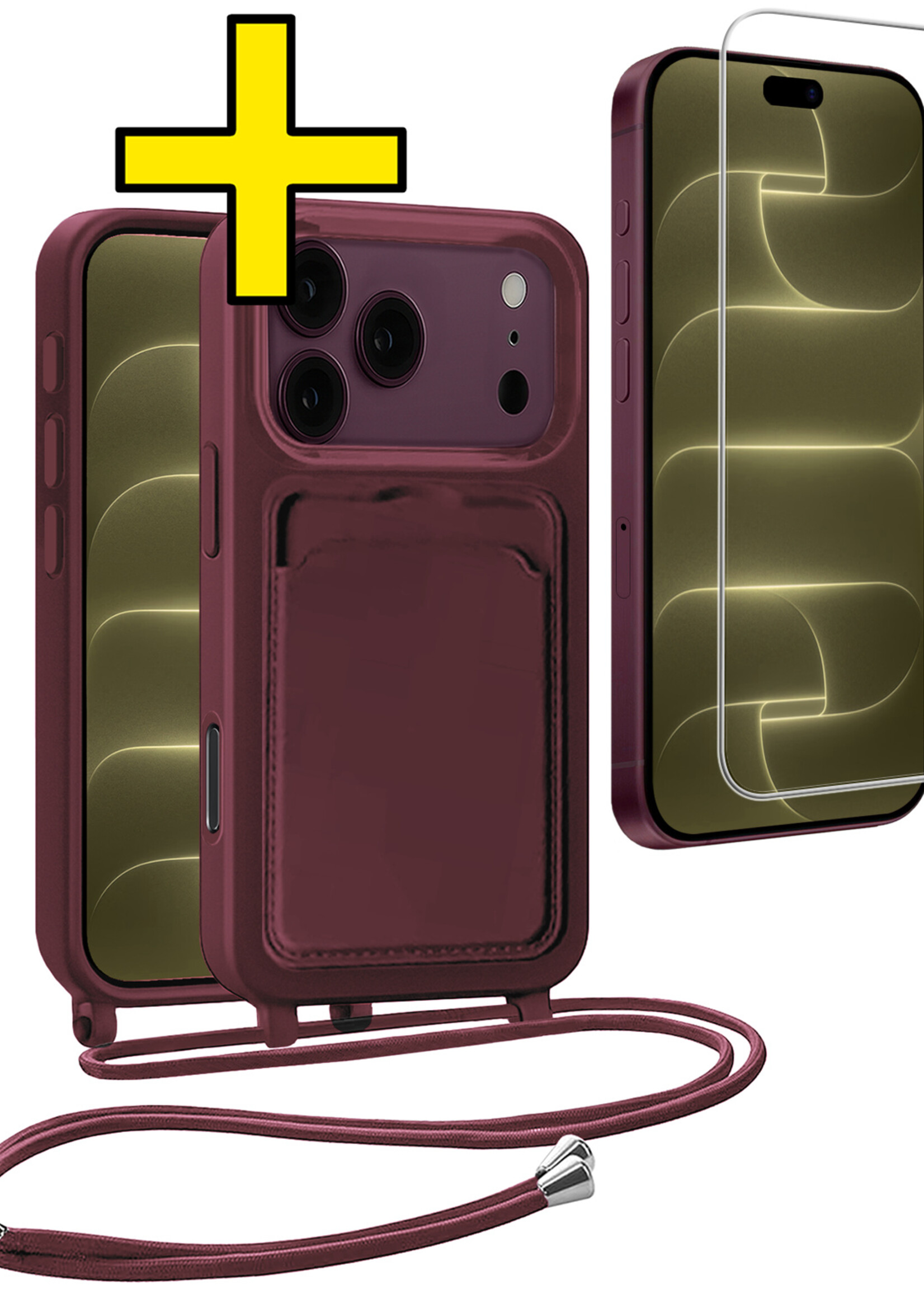 LUQ LUQ iPhone 18 Pro Hoesje Pashouder met Koord Met Screenprotector - Aubergine
