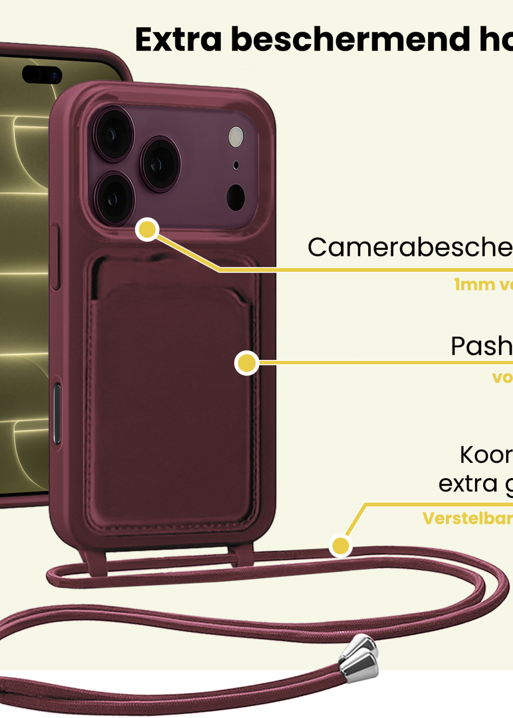 LUQ LUQ iPhone 18 Pro Hoesje Pashouder met Koord Met Screenprotector - Aubergine