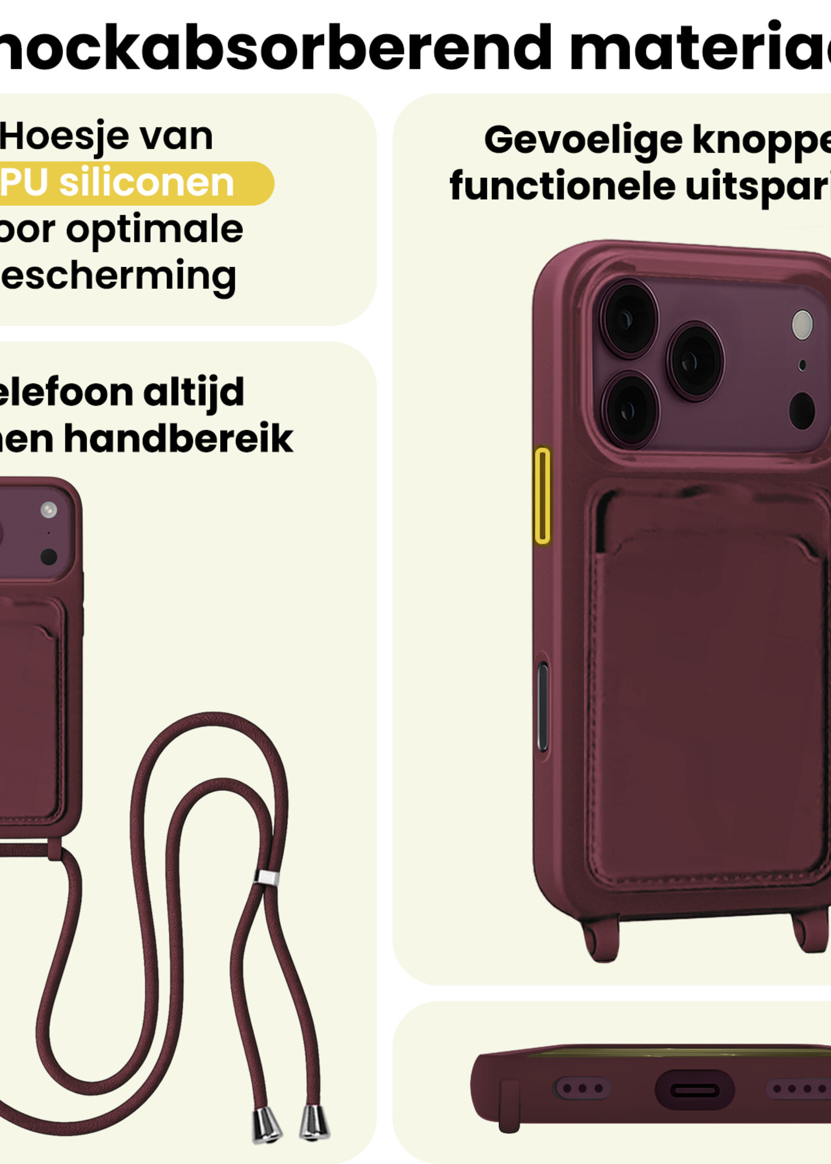 LUQ LUQ iPhone 18 Pro Hoesje Pashouder met Koord Met Screenprotector - Aubergine