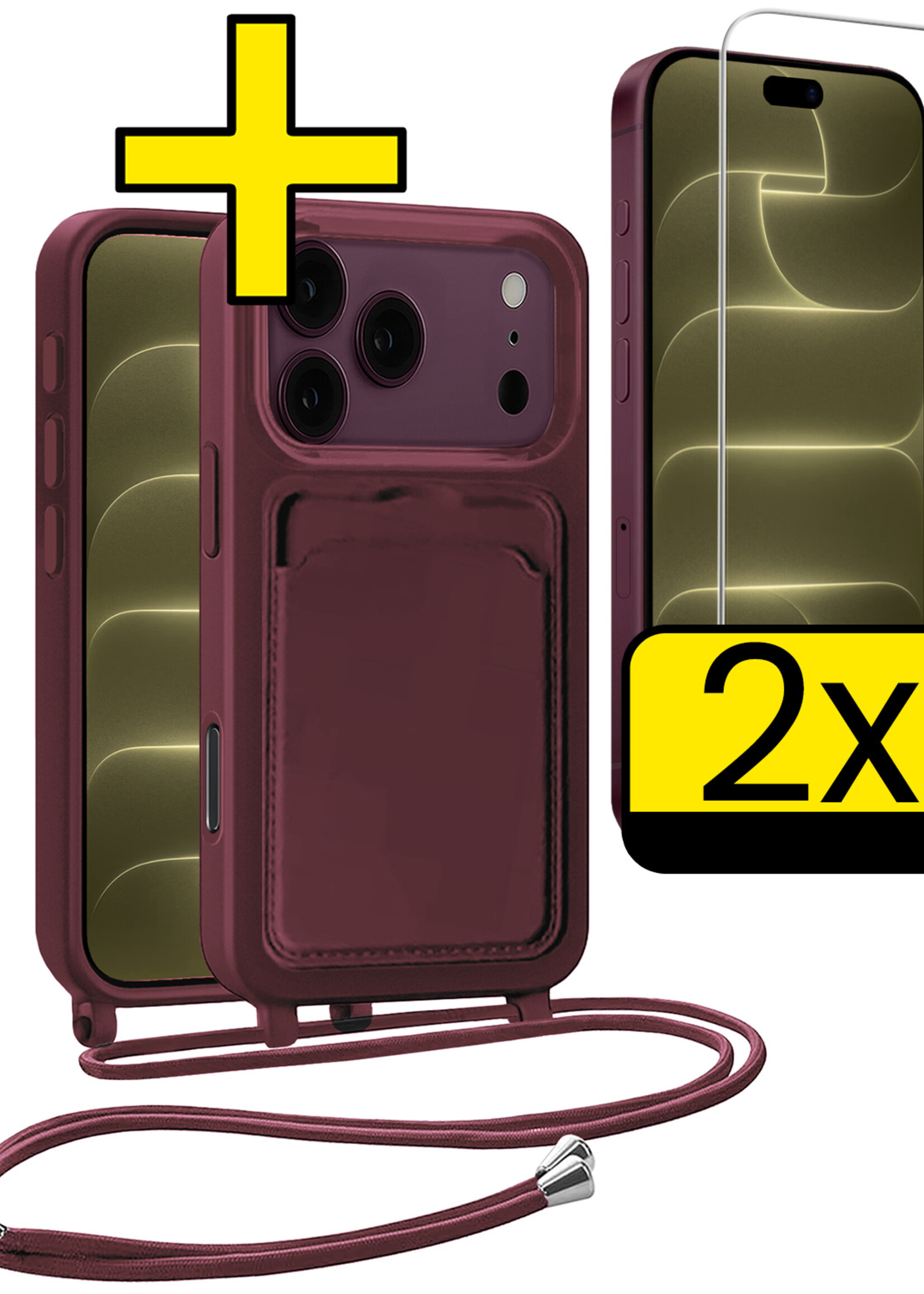 LUQ LUQ iPhone 18 Pro Hoesje Pashouder met Koord Met 2x Screenprotector - Aubergine
