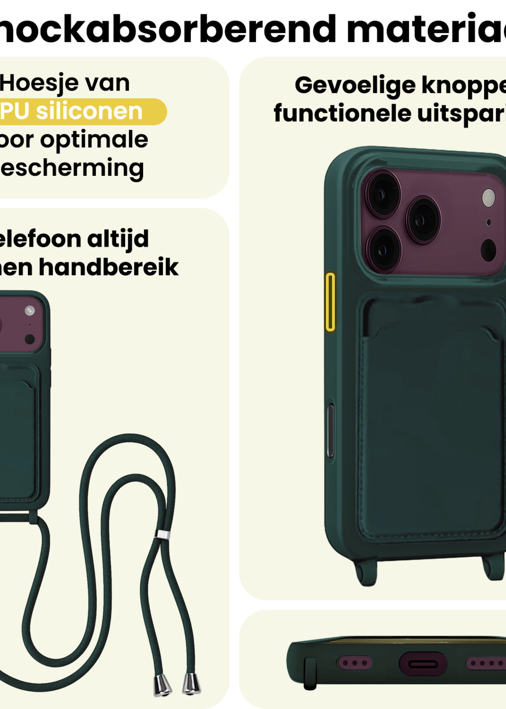 LUQ LUQ iPhone 18 Pro Hoesje Pashouder met Koord Met Screenprotector - Donkergroen