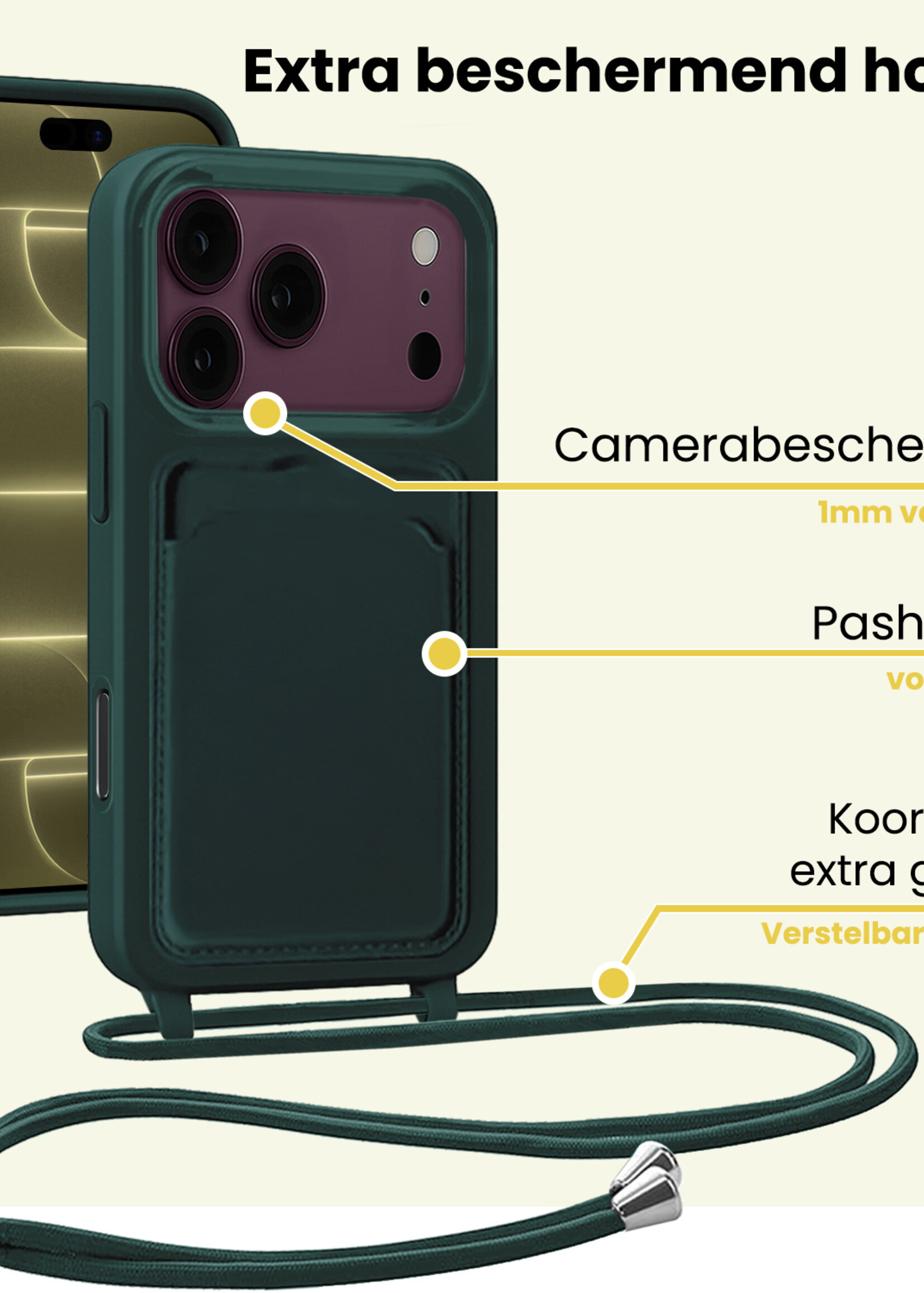 LUQ LUQ iPhone 18 Pro Hoesje Pashouder met Koord Met 2x Screenprotector - Donkergroen