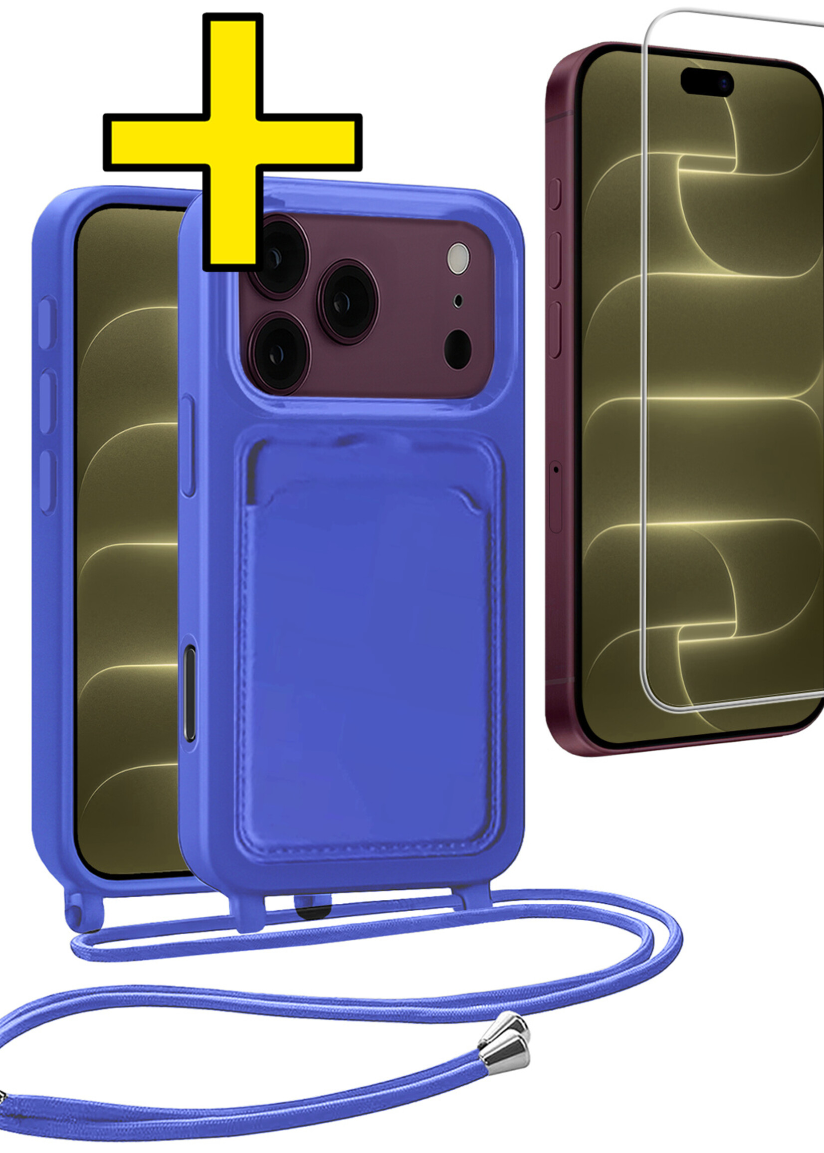 LUQ LUQ iPhone 18 Pro Hoesje Pashouder met Koord Met Screenprotector - Fel Blauw