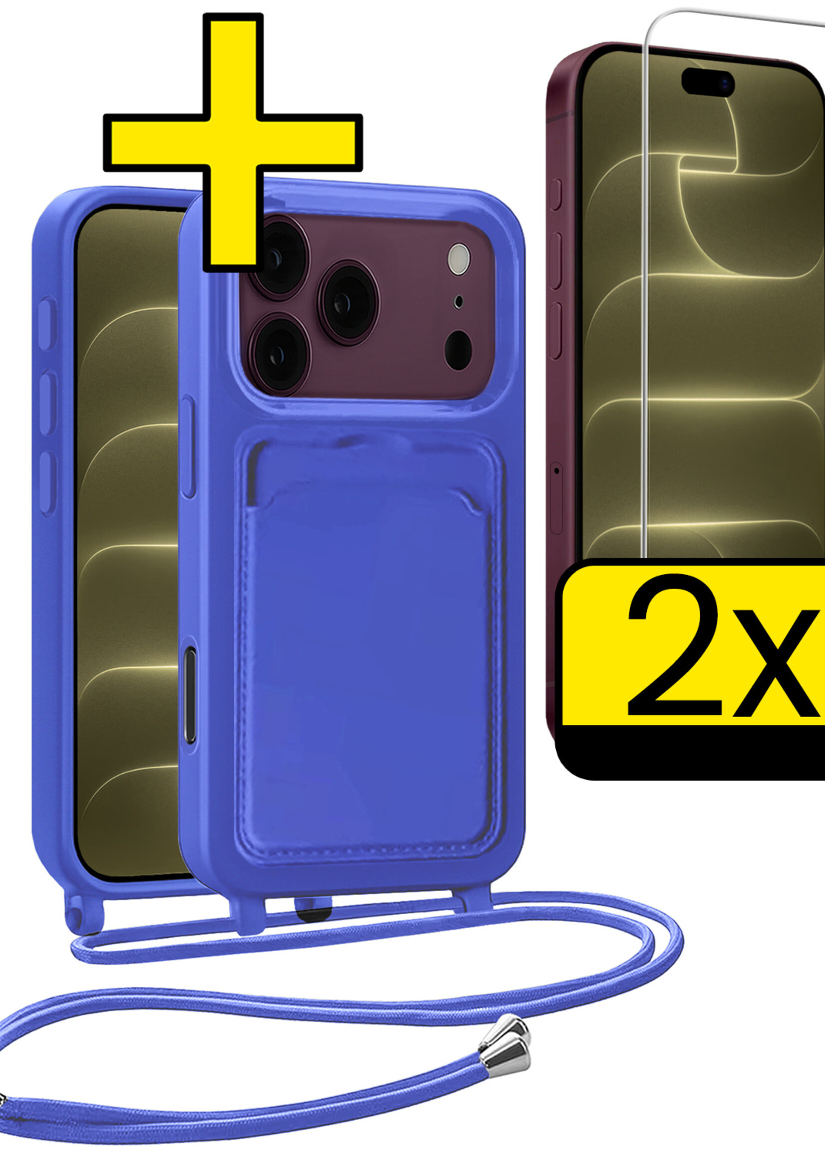 LUQ LUQ iPhone 18 Pro Hoesje Pashouder met Koord Met 2x Screenprotector - Fel Blauw