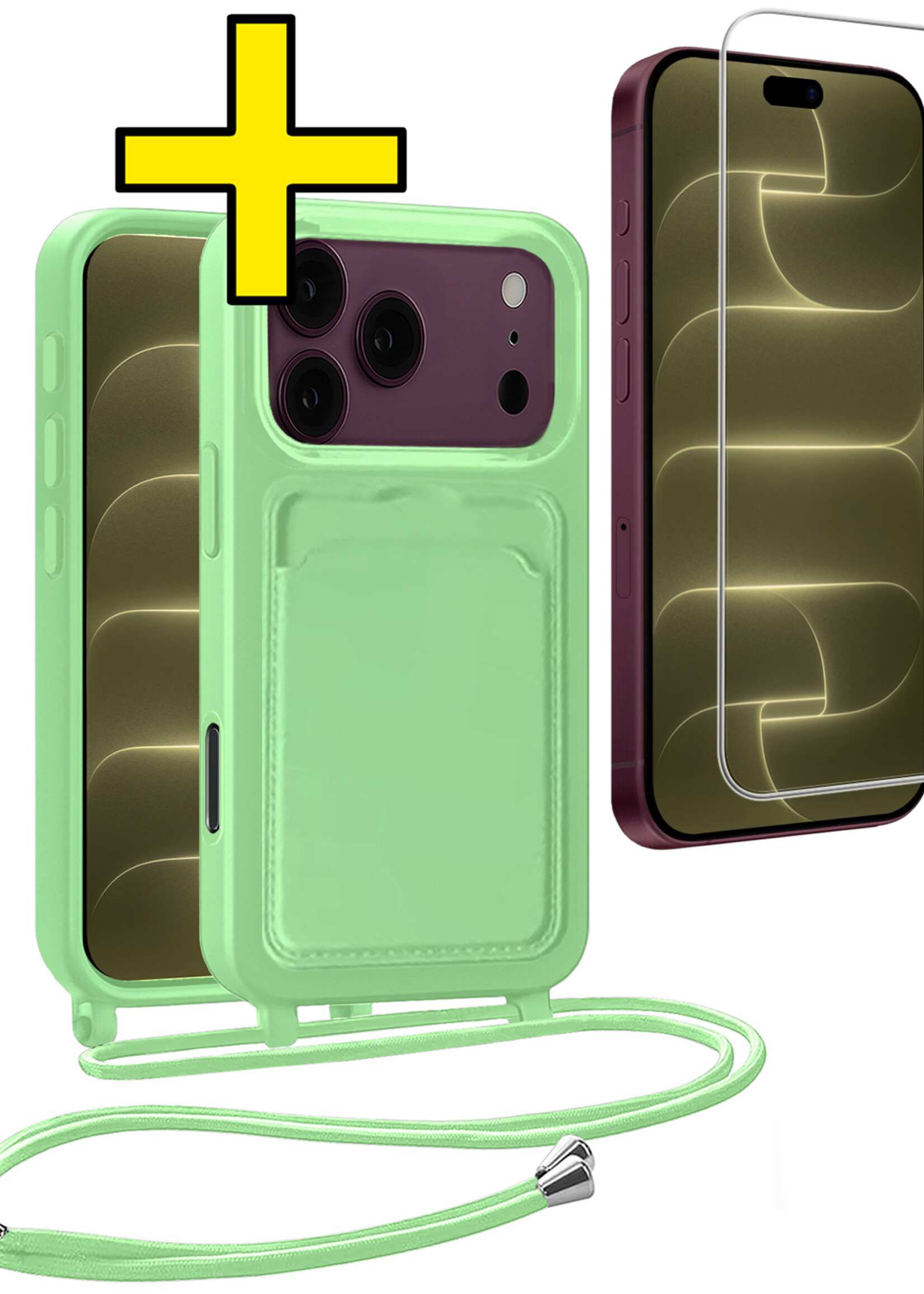 LUQ LUQ iPhone 18 Pro Hoesje Pashouder met Koord Met Screenprotector - Groen