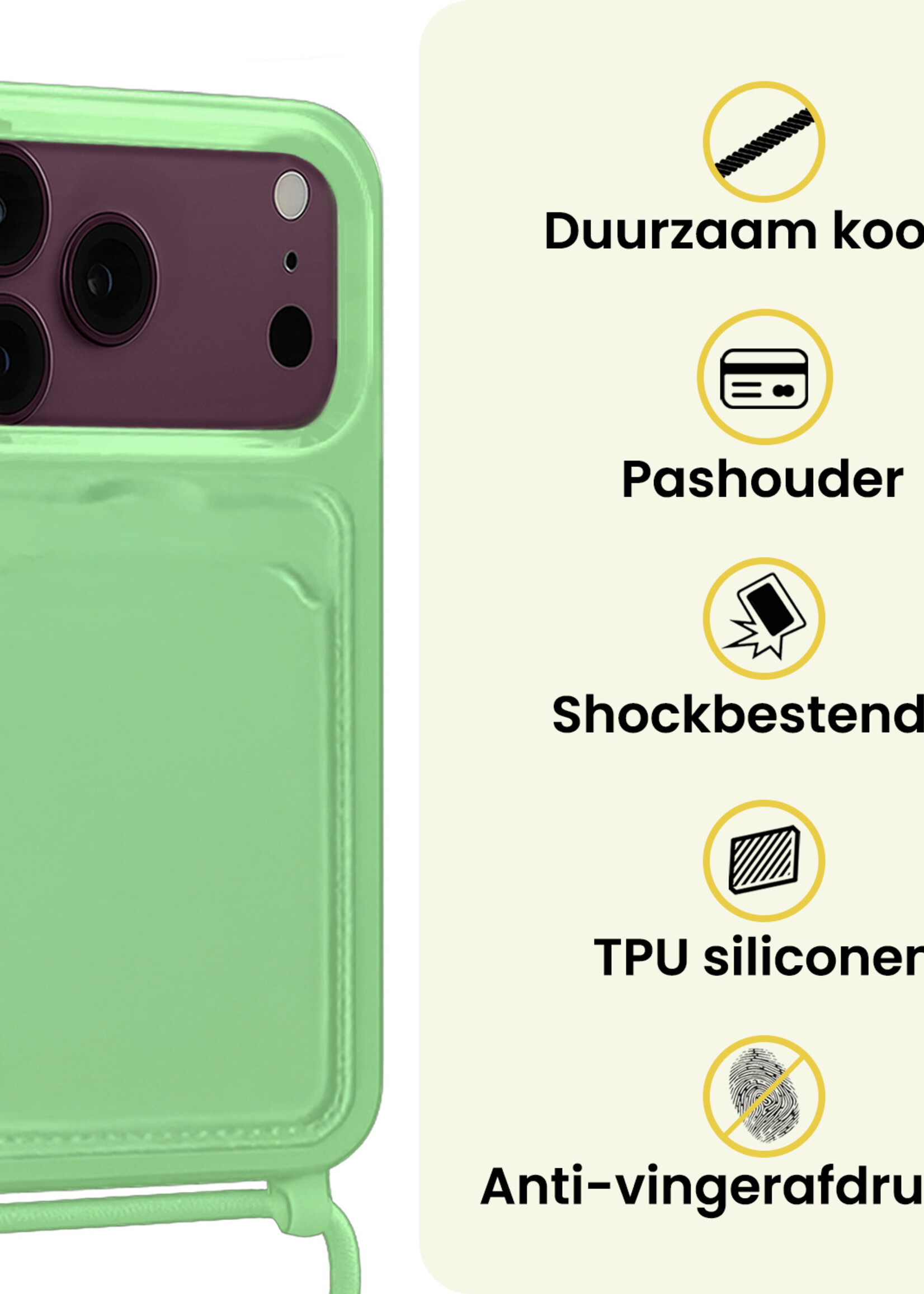 LUQ LUQ iPhone 18 Pro Hoesje Pashouder met Koord Met Screenprotector - Groen