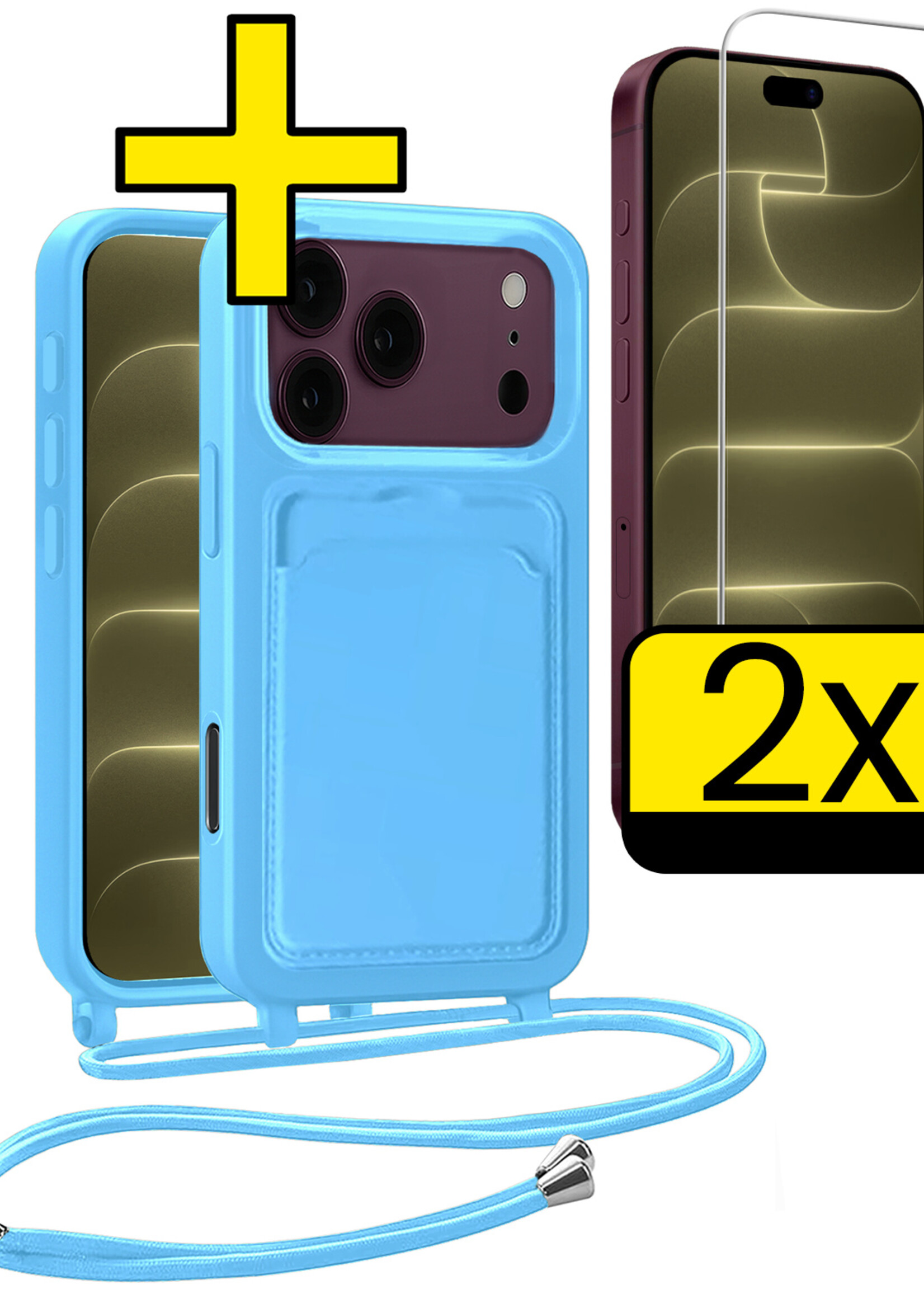 LUQ LUQ iPhone 18 Pro Hoesje Pashouder met Koord Met 2x Screenprotector - Lichtblauw