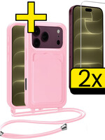 LUQ LUQ iPhone 18 Pro Hoesje Pashouder met Koord Met 2x Screenprotector - Lichtroze