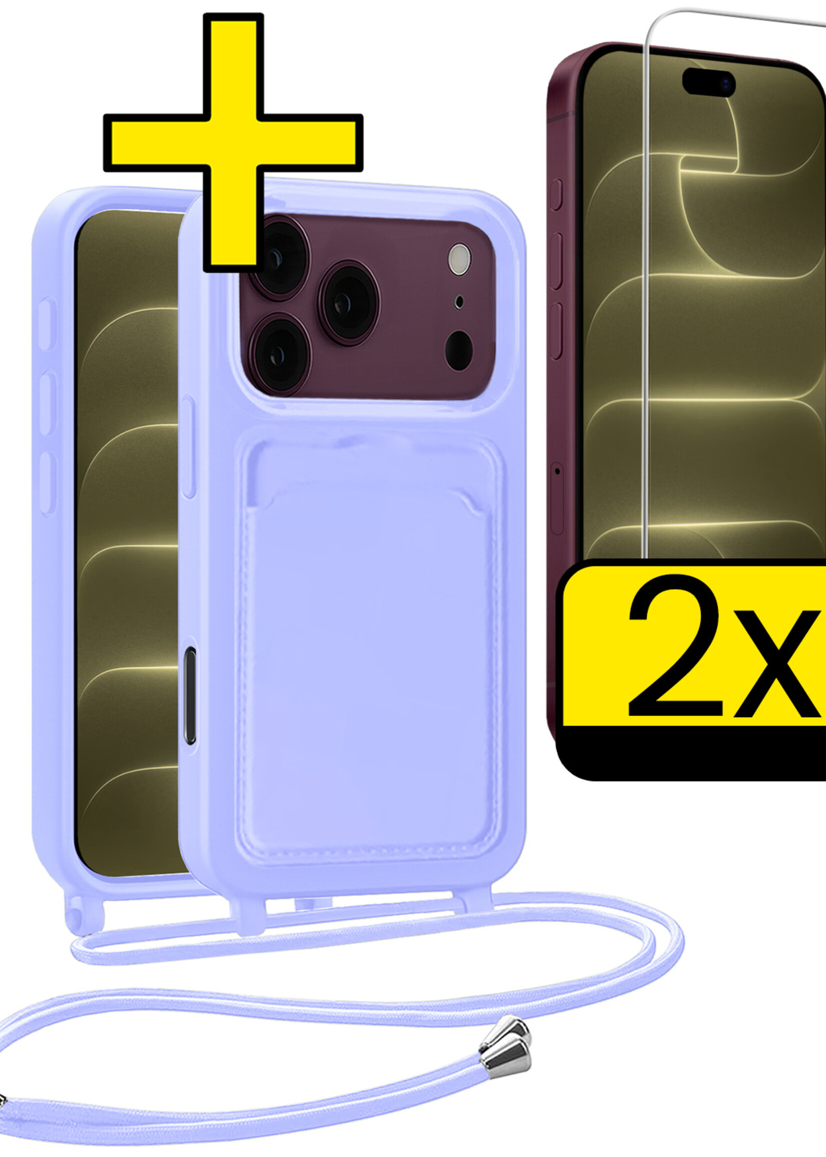 LUQ LUQ iPhone 18 Pro Hoesje Pashouder met Koord Met 2x Screenprotector - Lila