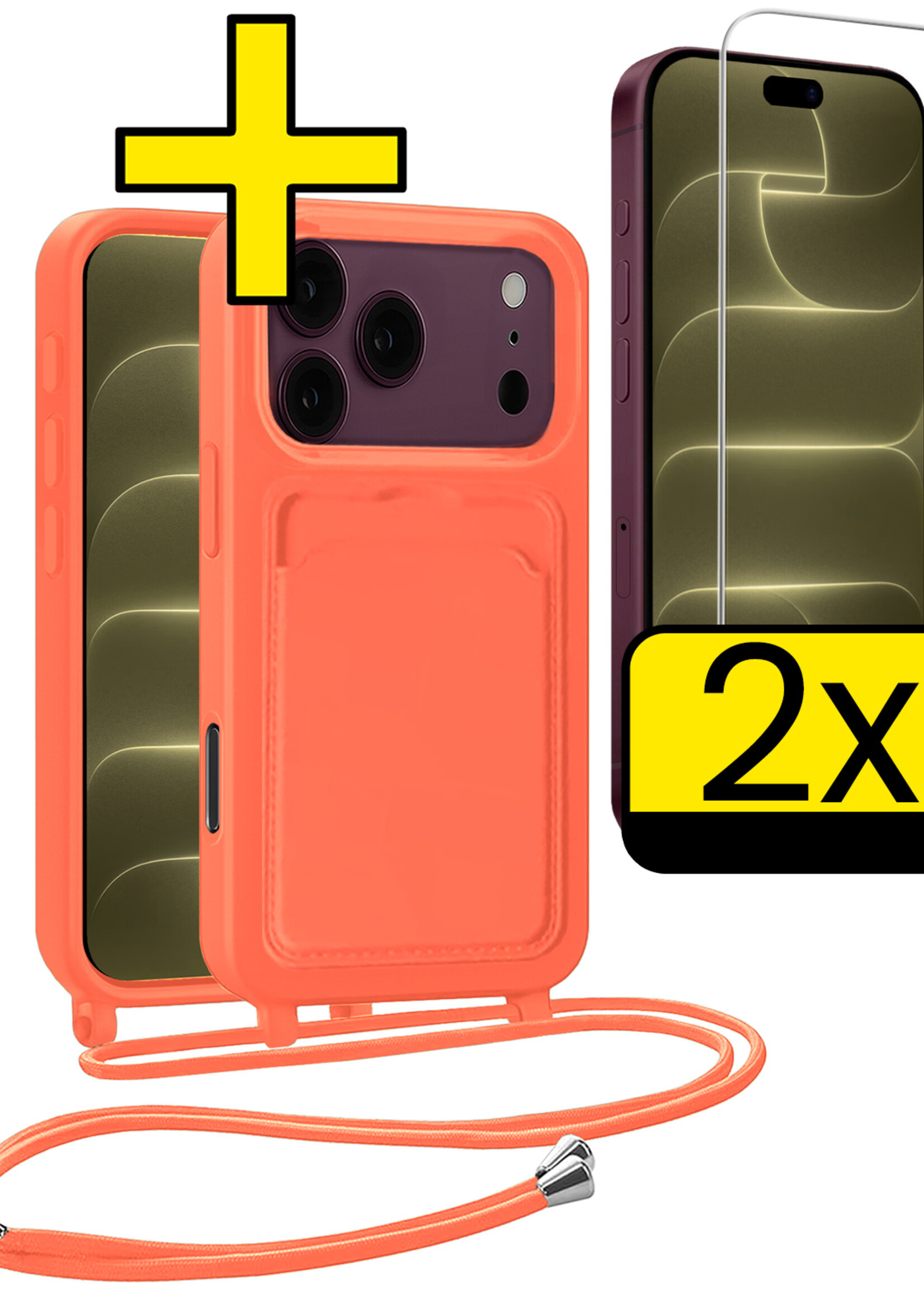 LUQ LUQ iPhone 18 Pro Hoesje Pashouder met Koord Met 2x Screenprotector - Papaya