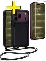 LUQ LUQ iPhone 18 Pro Hoesje Pashouder met Koord Met Screenprotector - Zwart
