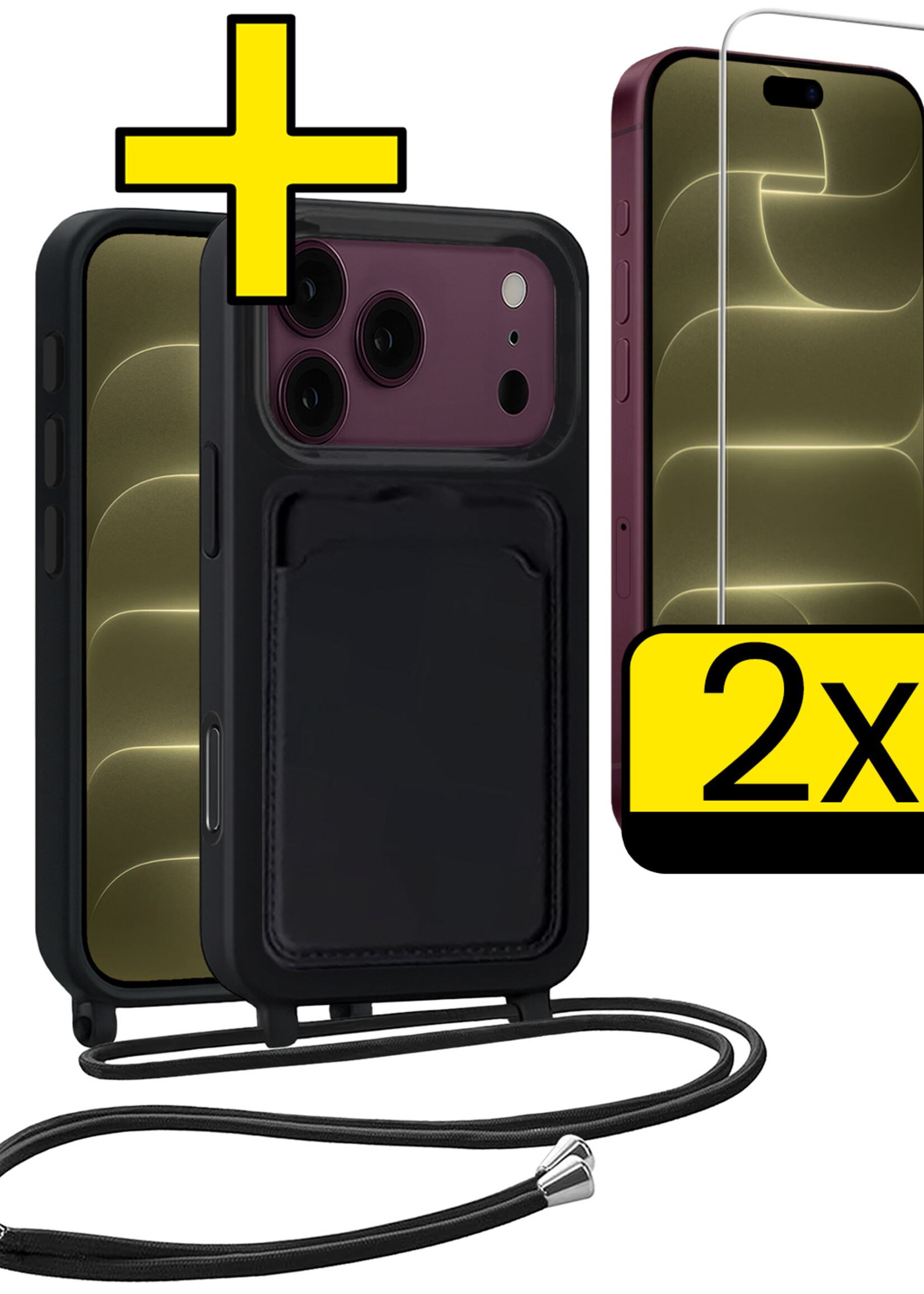 LUQ LUQ iPhone 18 Pro Hoesje Pashouder met Koord Met 2x Screenprotector - Zwart