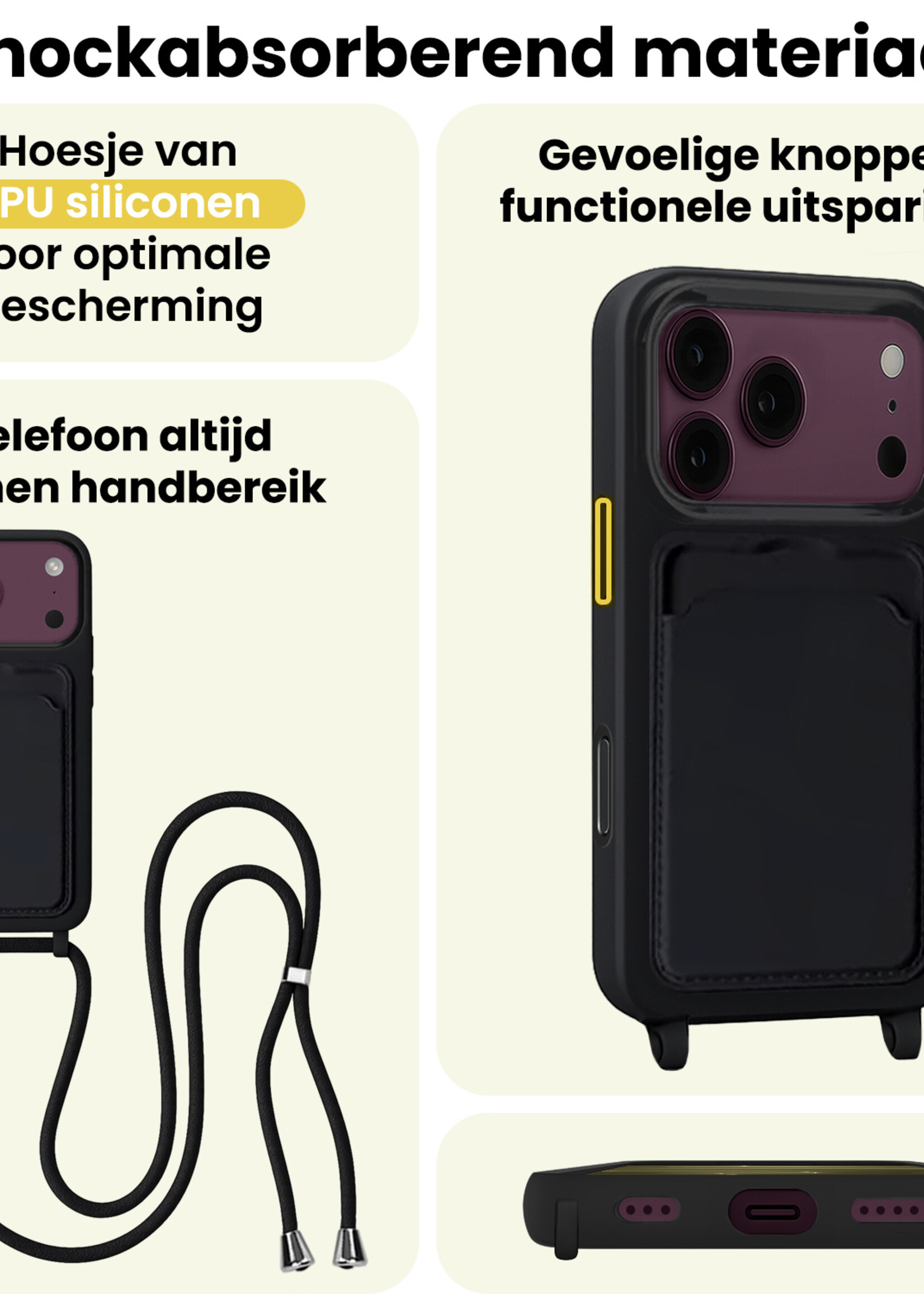 LUQ LUQ iPhone 18 Pro Hoesje Pashouder met Koord Met 2x Screenprotector - Zwart