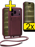 LUQ LUQ iPhone 18 Pro Max Hoesje Pashouder met Koord Met 2x Screenprotector - Aubergine
