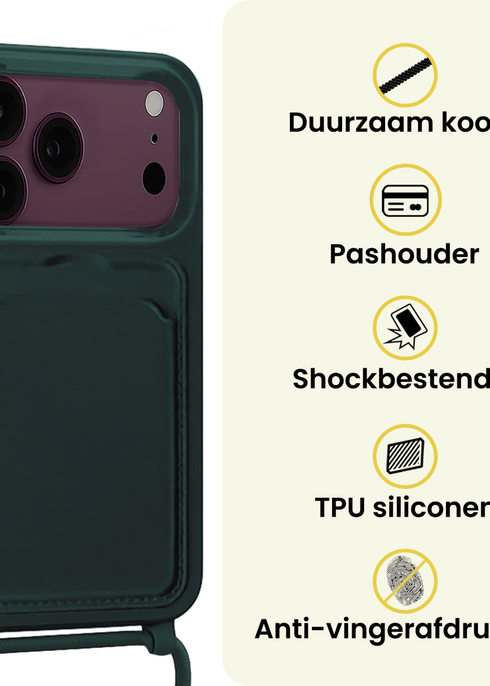 LUQ LUQ iPhone 18 Pro Max Hoesje Pashouder met Koord Met Screenprotector - Donkergroen