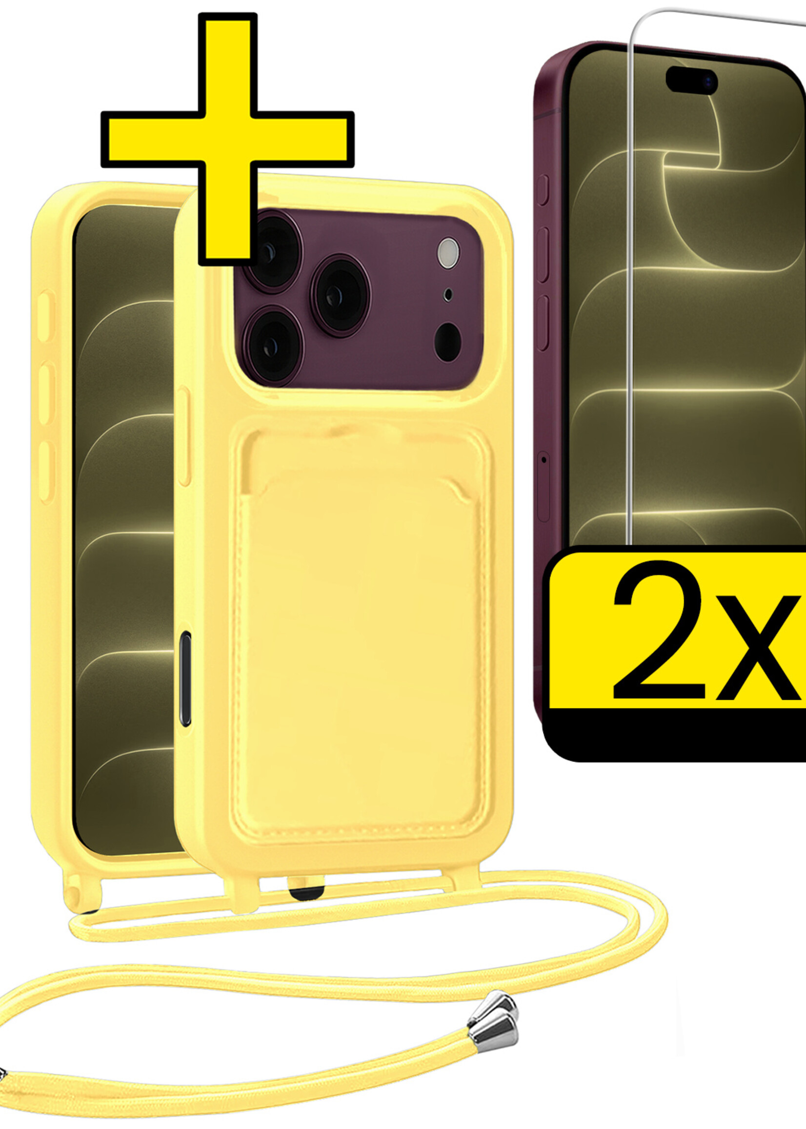 LUQ LUQ iPhone 18 Pro Max Hoesje Pashouder met Koord Met 2x Screenprotector - Geel