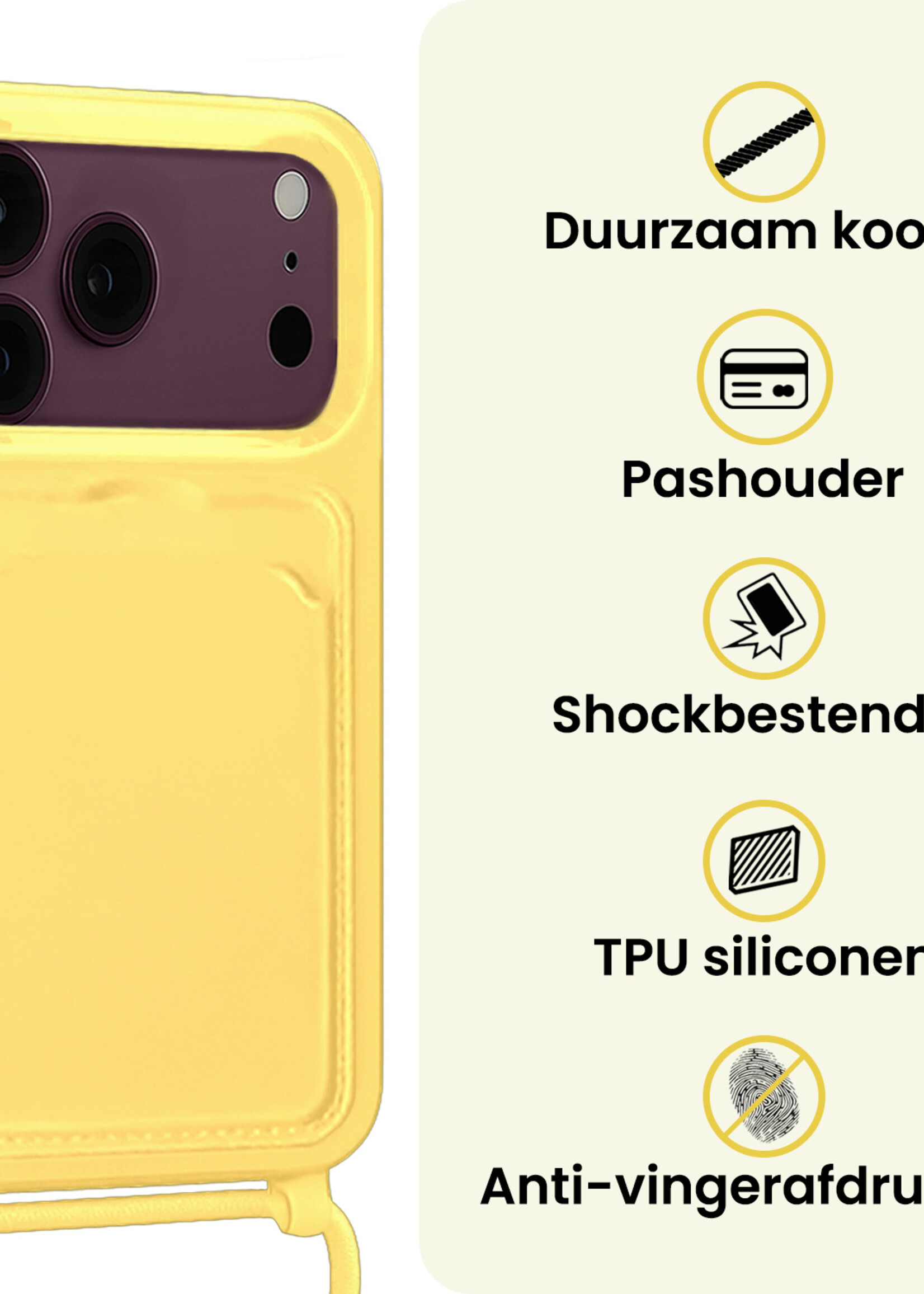 LUQ LUQ iPhone 18 Pro Max Hoesje Pashouder met Koord Met 2x Screenprotector - Geel