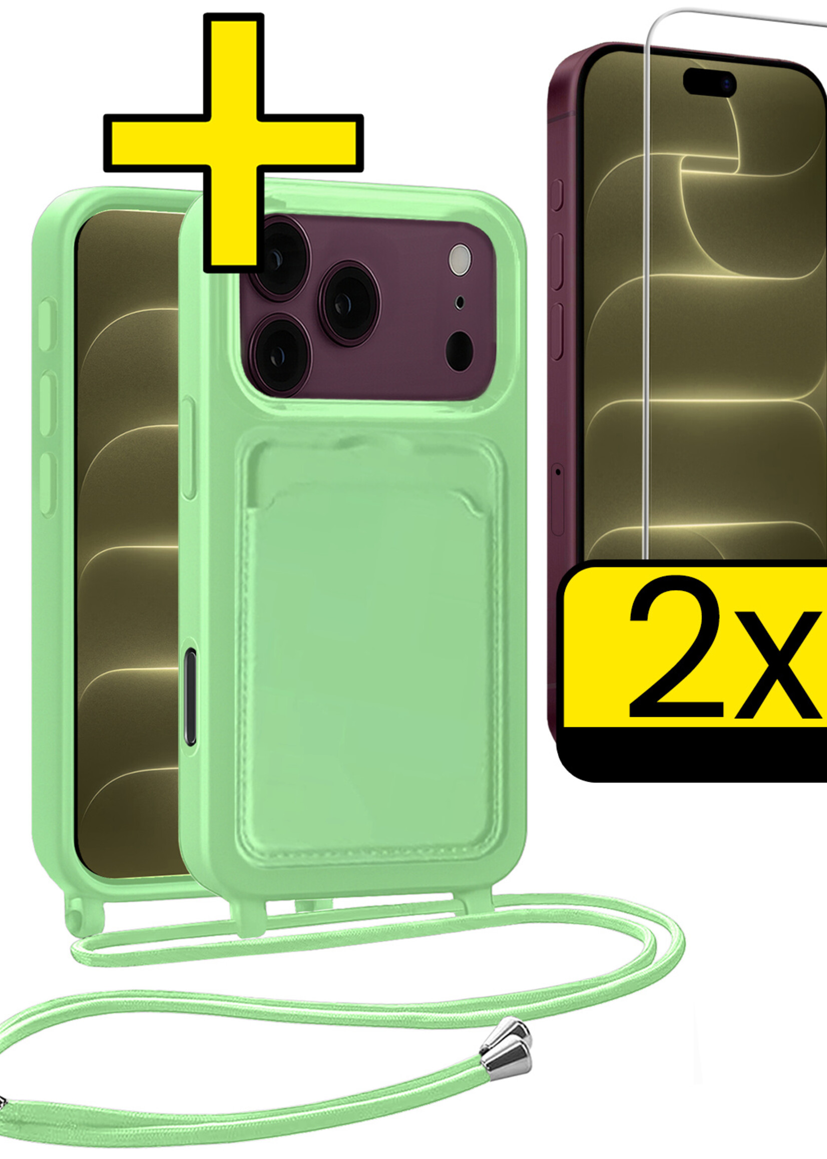 LUQ LUQ iPhone 18 Pro Max Hoesje Pashouder met Koord Met 2x Screenprotector - Groen