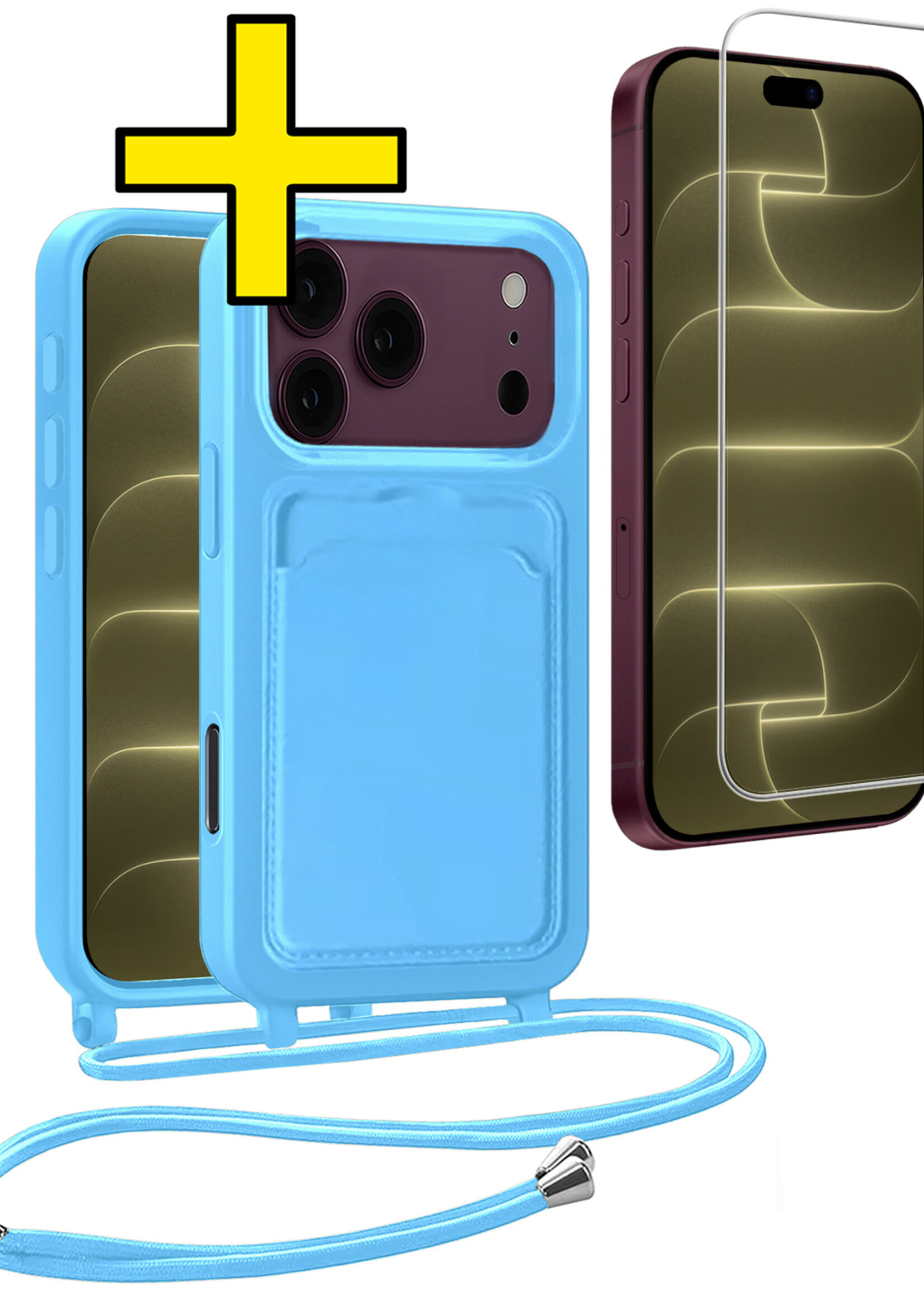 LUQ LUQ iPhone 18 Pro Max Hoesje Pashouder met Koord Met Screenprotector - Lichtblauw