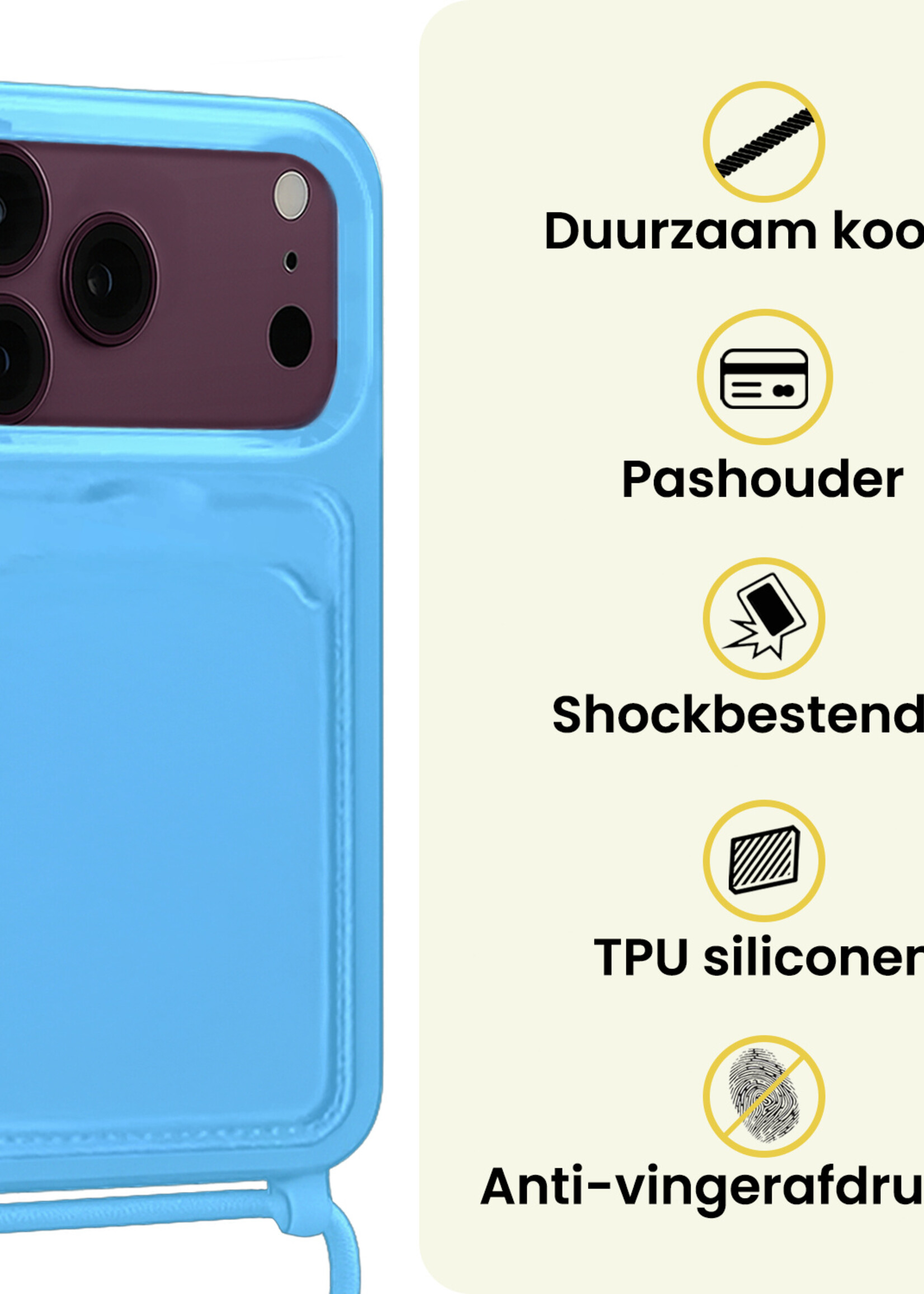 LUQ LUQ iPhone 18 Pro Max Hoesje Pashouder met Koord Met Screenprotector - Lichtblauw