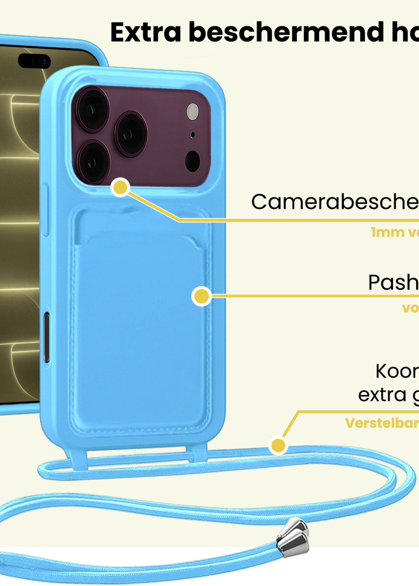 LUQ LUQ iPhone 18 Pro Max Hoesje Pashouder met Koord Met Screenprotector - Lichtblauw