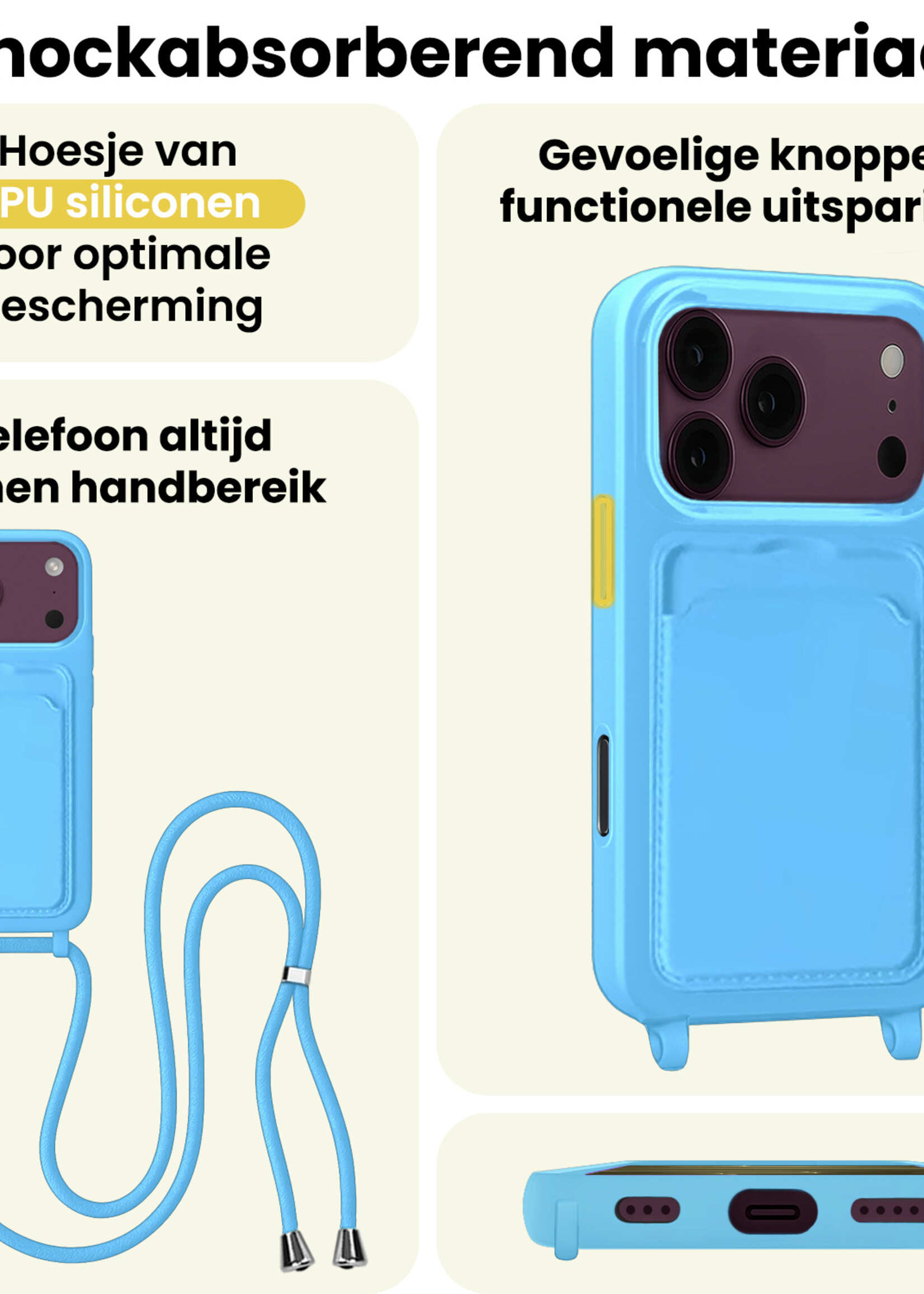 LUQ LUQ iPhone 18 Pro Max Hoesje Pashouder met Koord Met Screenprotector - Lichtblauw