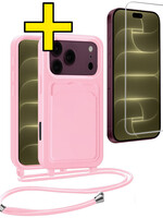 LUQ LUQ iPhone 18 Pro Max Hoesje Pashouder met Koord Met Screenprotector - Lichtroze