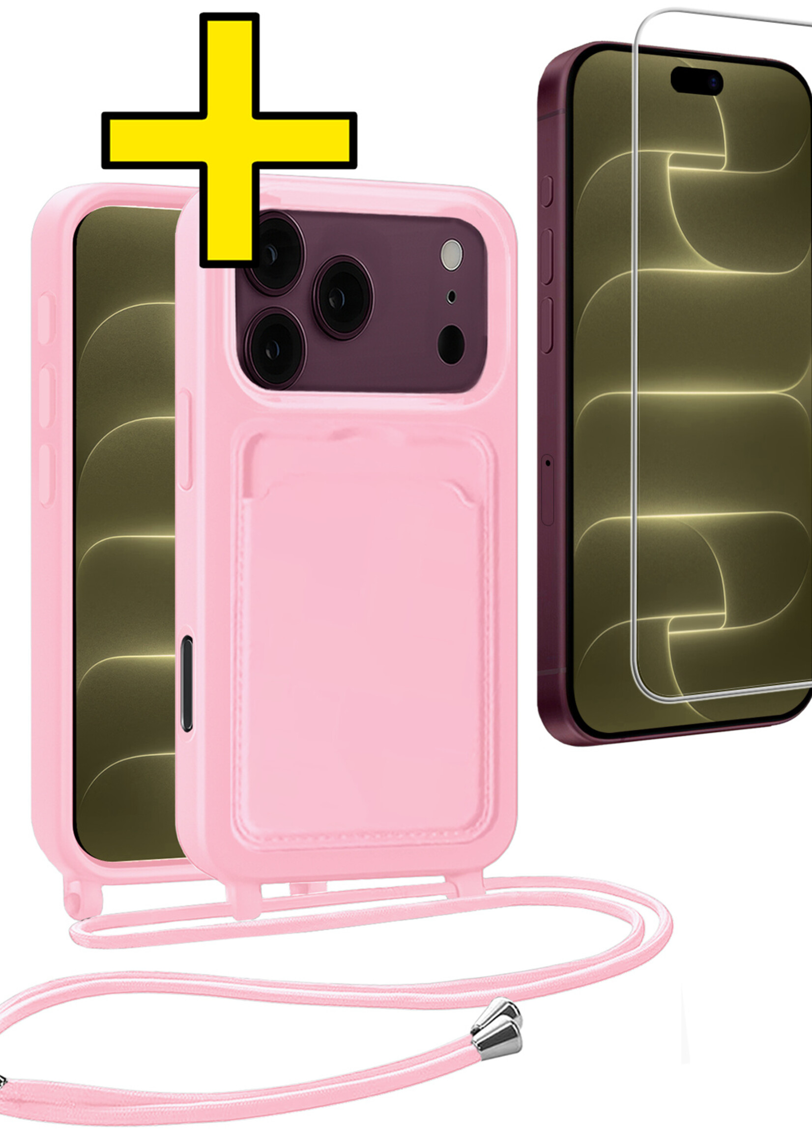 LUQ LUQ iPhone 18 Pro Max Hoesje Pashouder met Koord Met Screenprotector - Lichtroze
