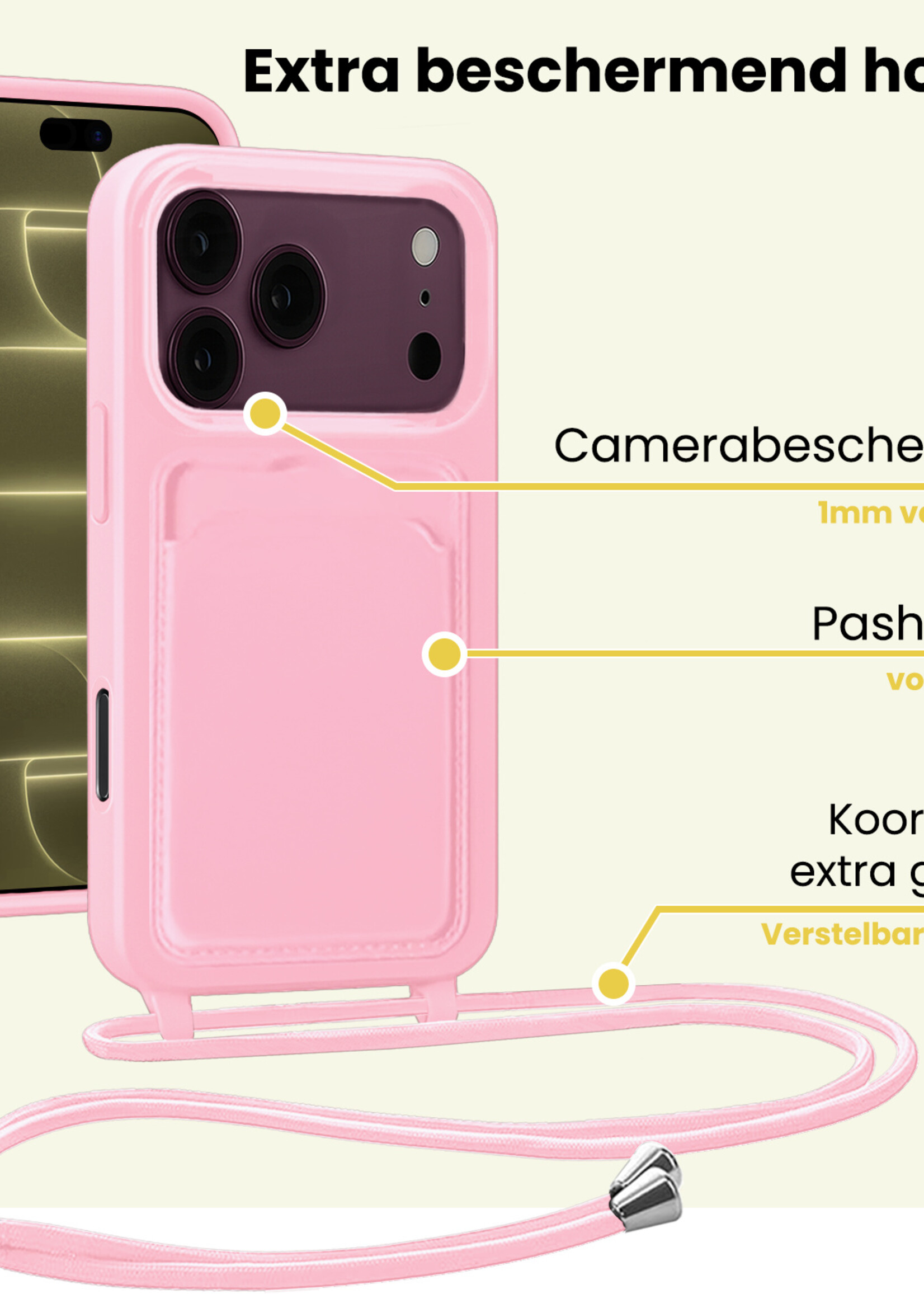 LUQ LUQ iPhone 18 Pro Max Hoesje Pashouder met Koord Met Screenprotector - Lichtroze