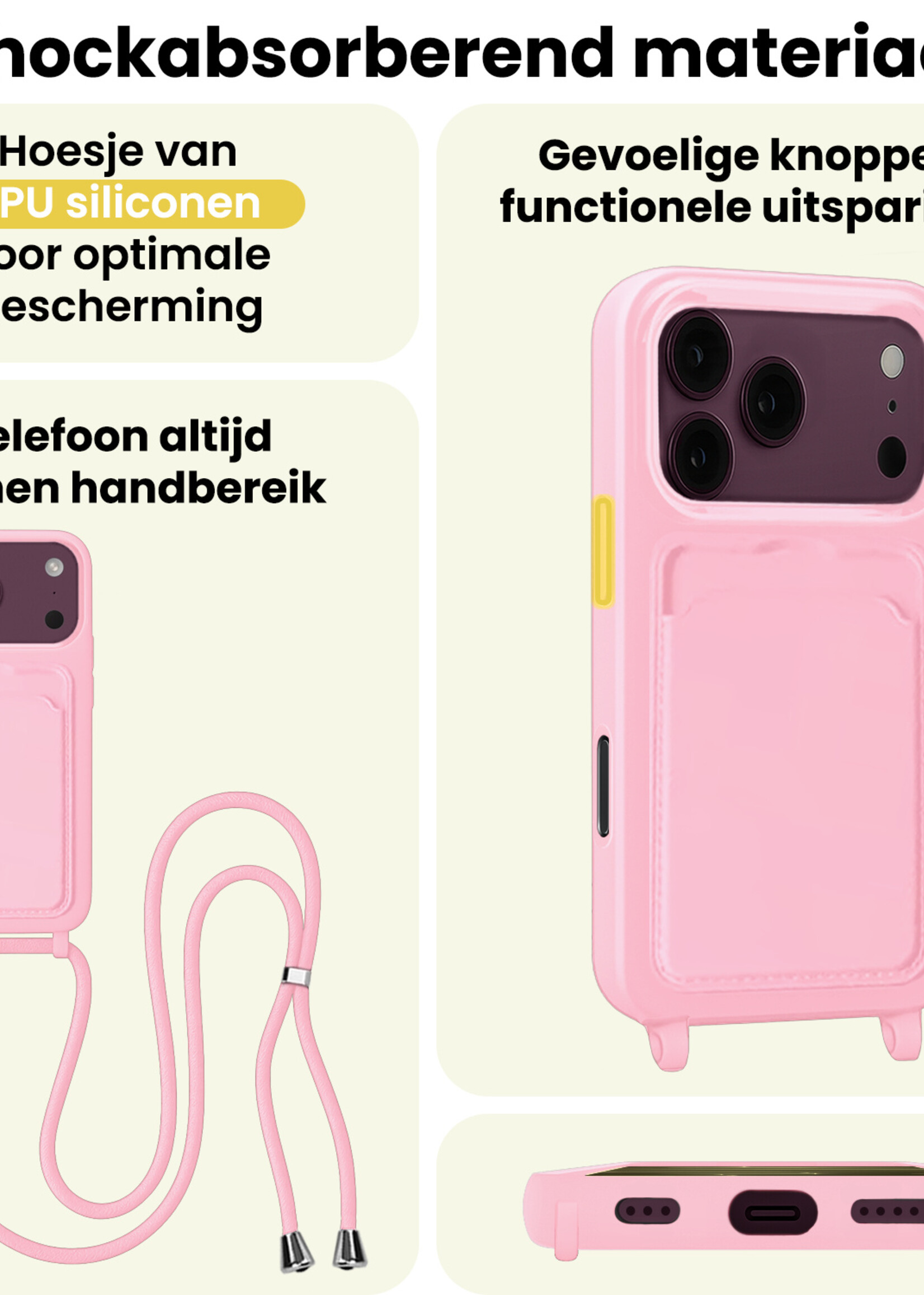 LUQ LUQ iPhone 18 Pro Max Hoesje Pashouder met Koord Met Screenprotector - Lichtroze