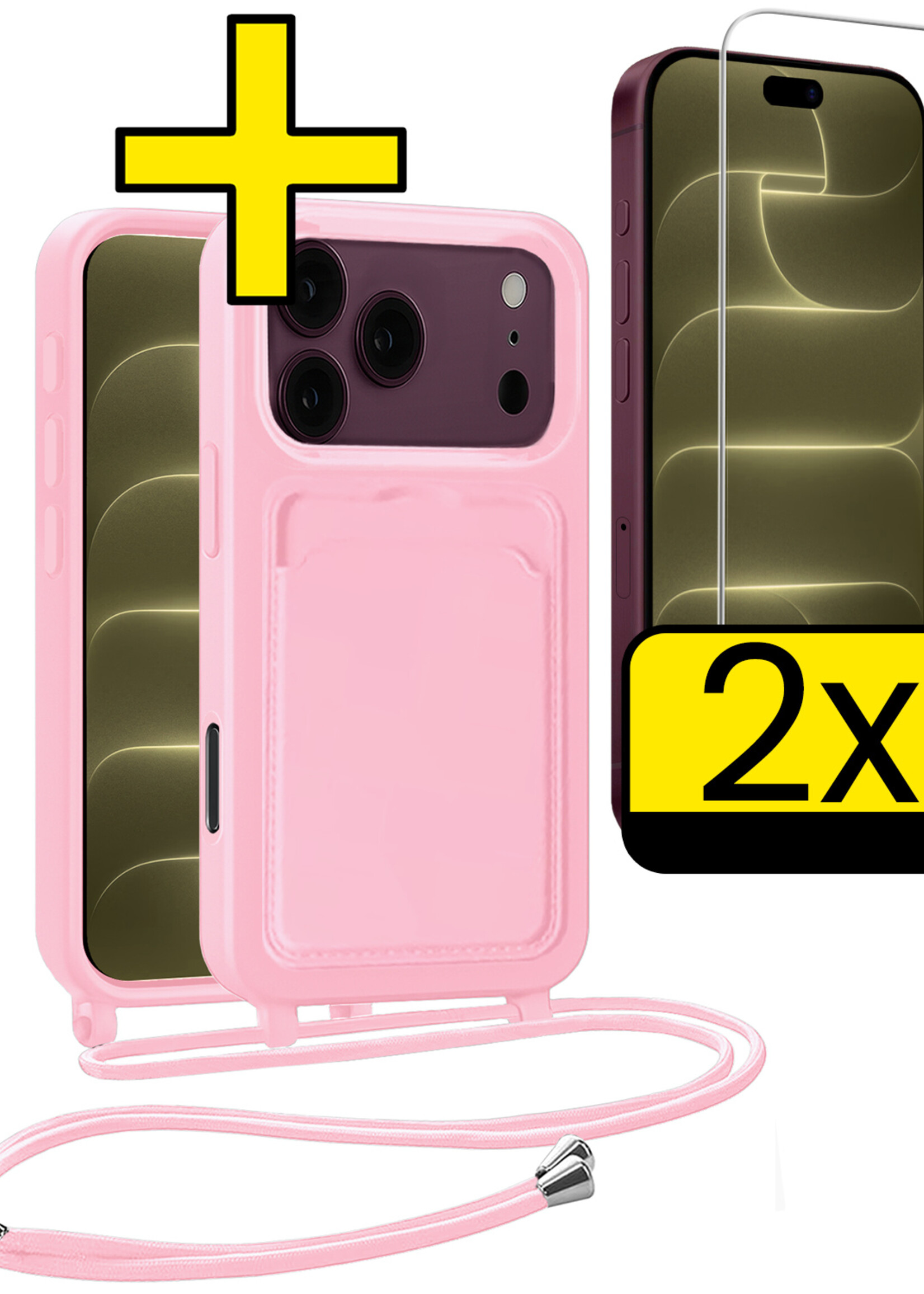 LUQ LUQ iPhone 18 Pro Max Hoesje Pashouder met Koord Met 2x Screenprotector - Lichtroze