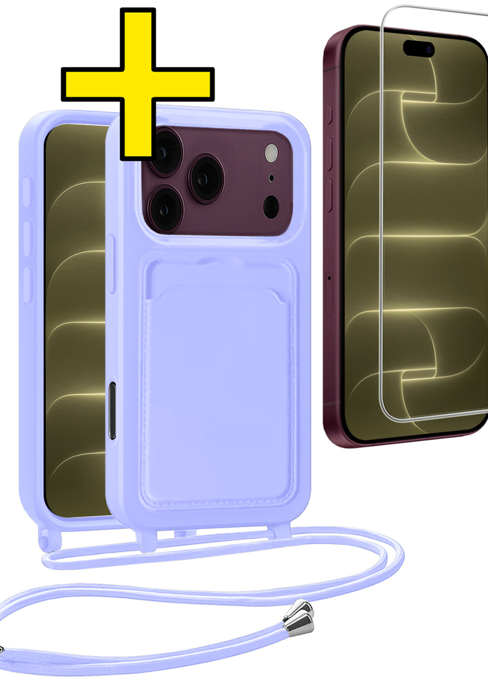 LUQ LUQ iPhone 18 Pro Max Hoesje Pashouder met Koord Met Screenprotector - Lila