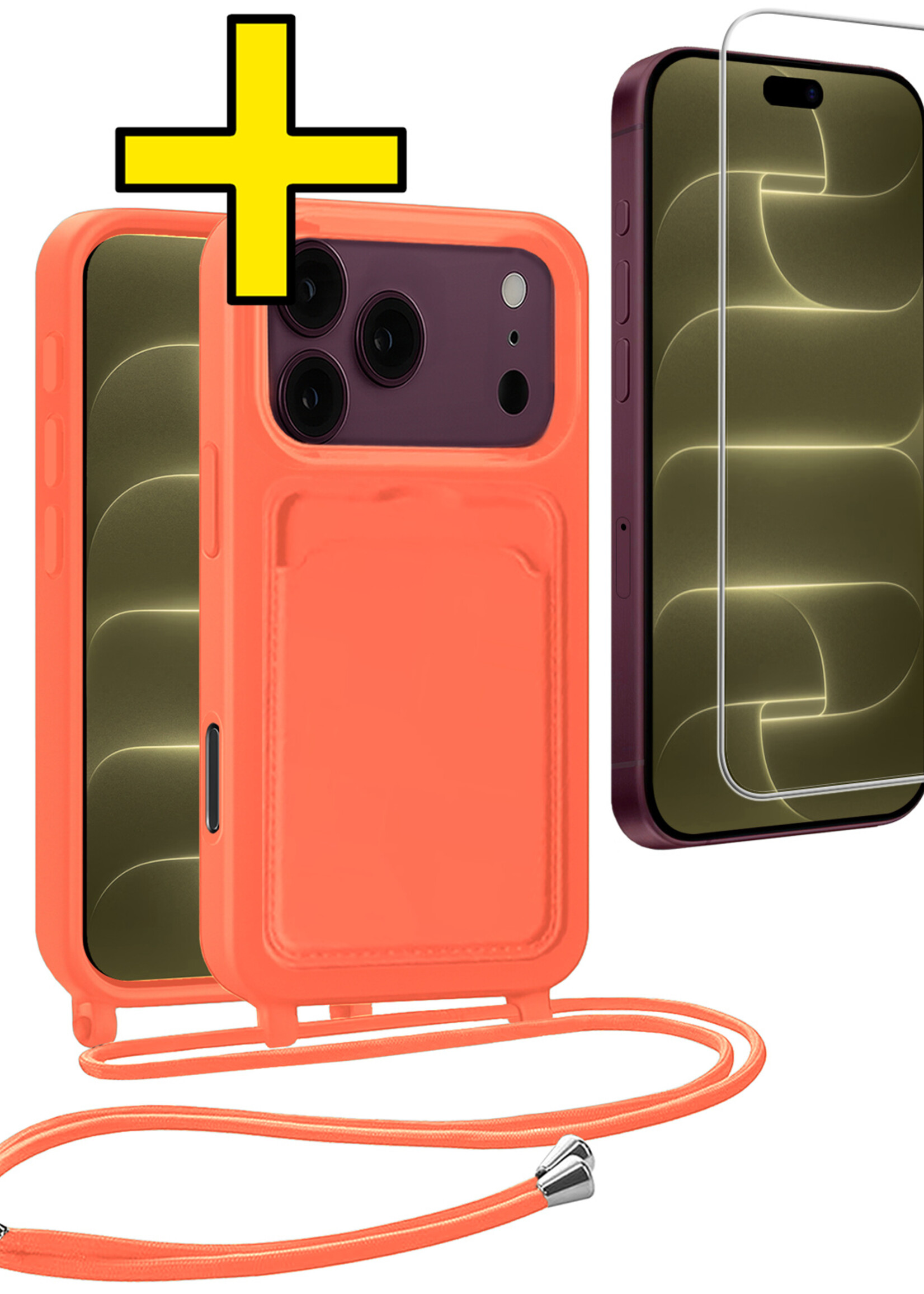 LUQ LUQ iPhone 18 Pro Max Hoesje Pashouder met Koord Met Screenprotector - Papaya
