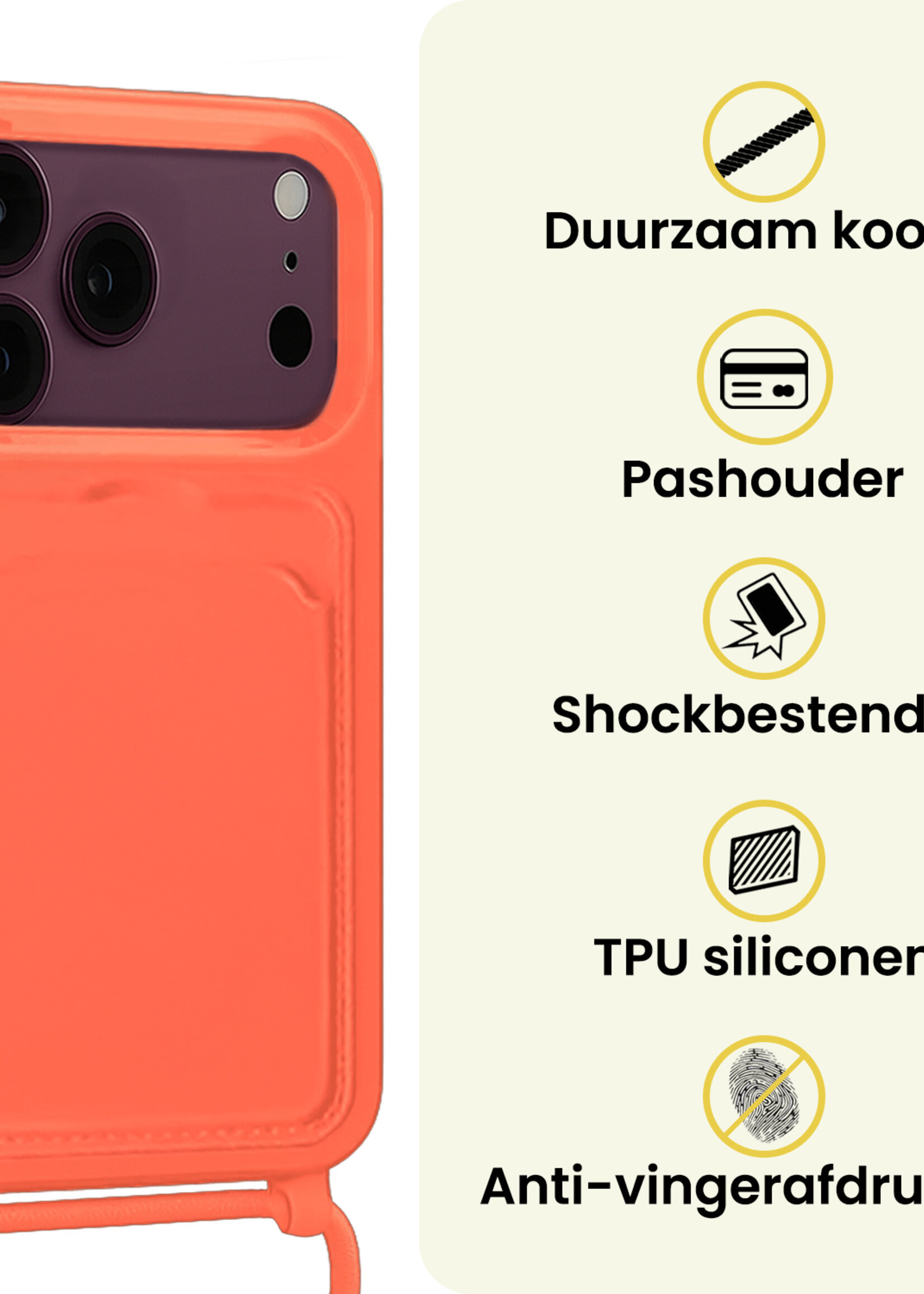 LUQ LUQ iPhone 18 Pro Max Hoesje Pashouder met Koord Met 2x Screenprotector - Papaya