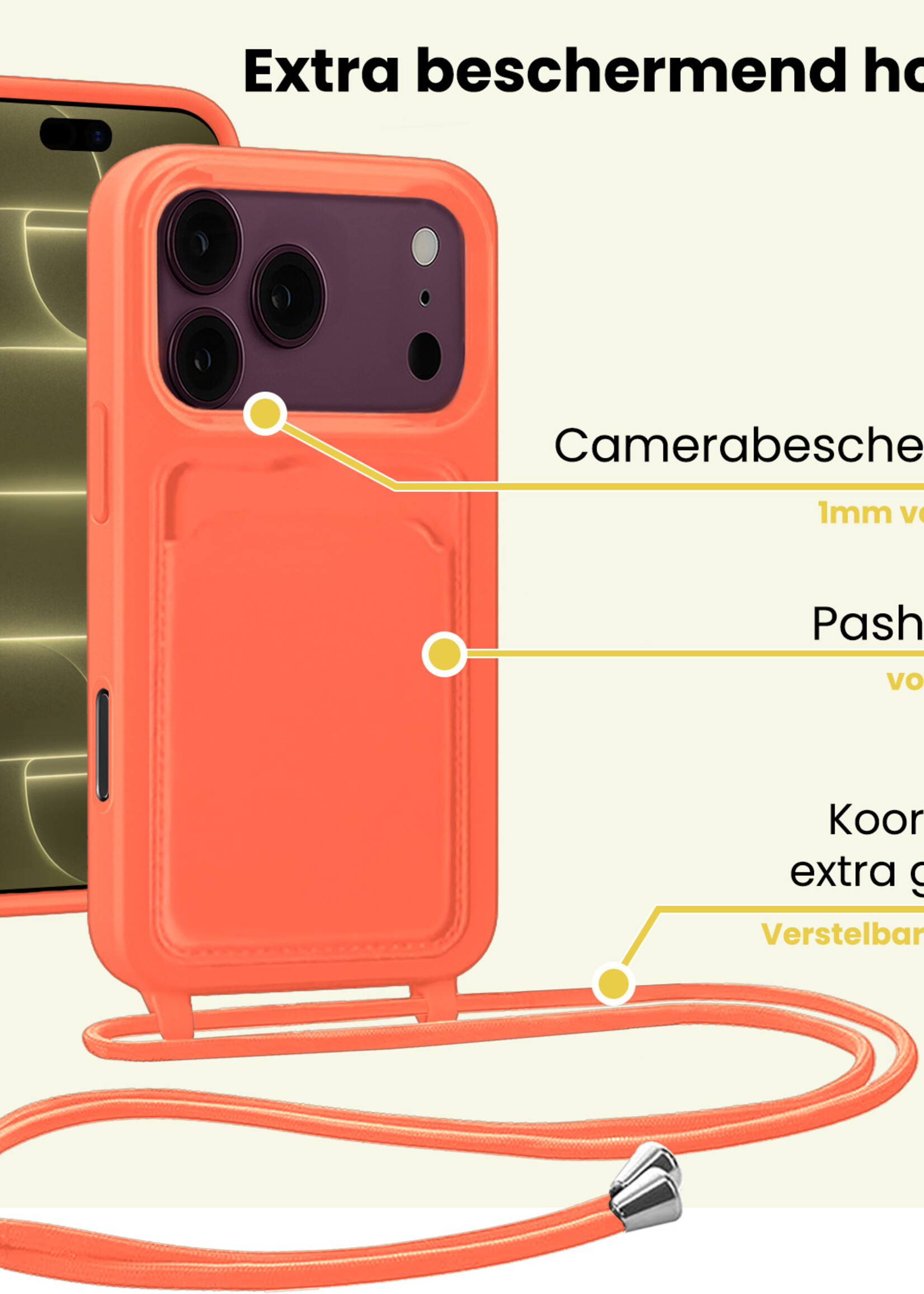 LUQ LUQ iPhone 18 Pro Max Hoesje Pashouder met Koord Met 2x Screenprotector - Papaya