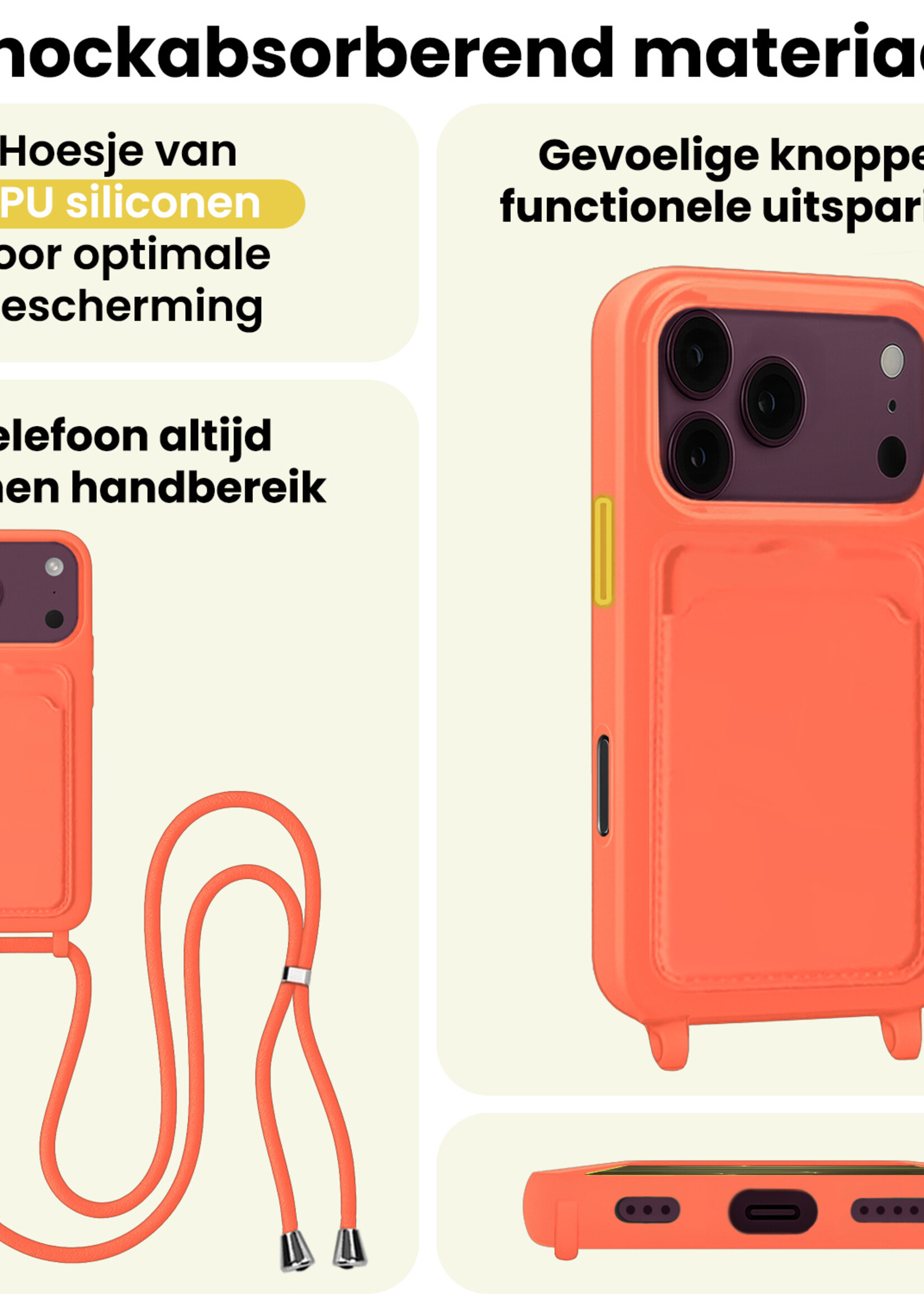 LUQ LUQ iPhone 18 Pro Max Hoesje Pashouder met Koord Met 2x Screenprotector - Papaya