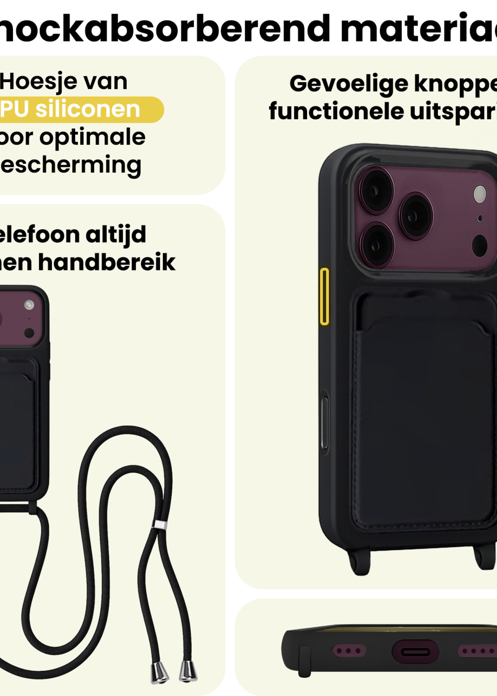 LUQ LUQ iPhone 18 Pro Max Hoesje Pashouder met Koord - Zwart - 2 PACK