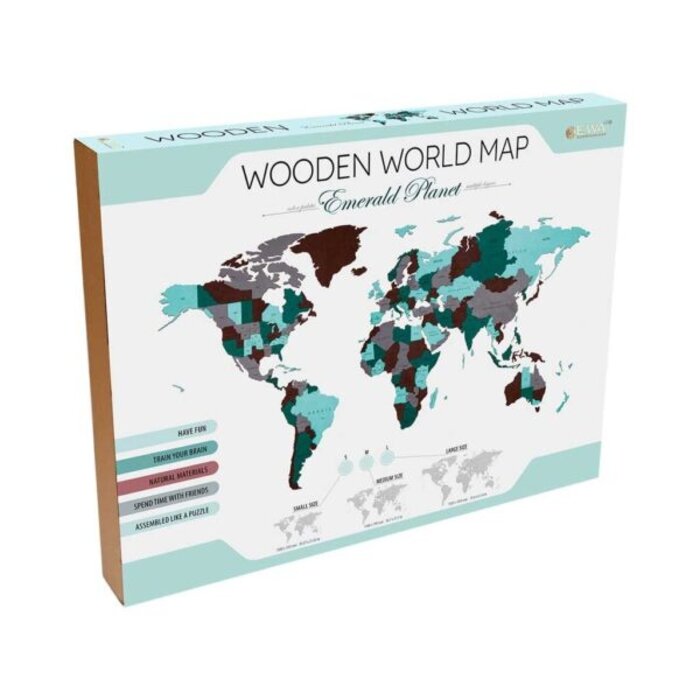 Houten wandpuzzel wereldkaart Size M | Turquoise/ Bruin