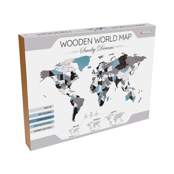 Houten wandpuzzel wereldkaart Size L | Grijs/ Blauw