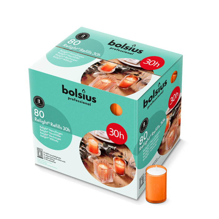 Bolsius Horeca Relight® Plus navullingen 30 uur 64/52 doos 80 Oranje